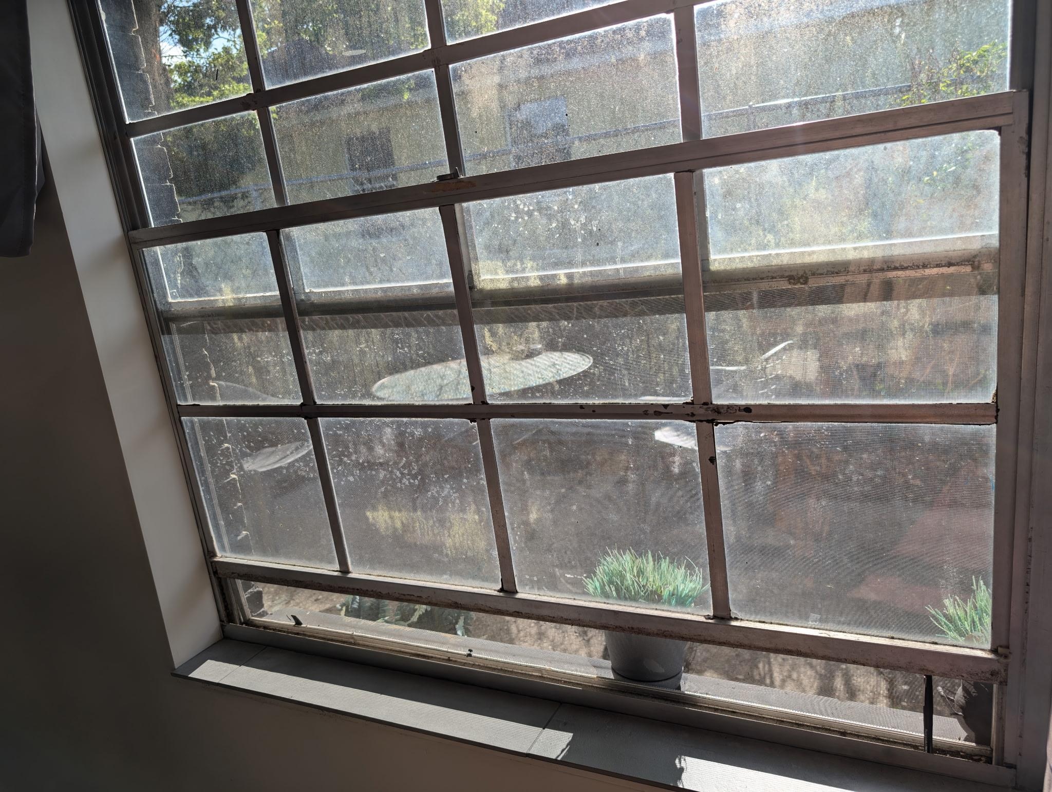 the window caked in dirt and window sill that I had to use a pen to open to let some must out. 