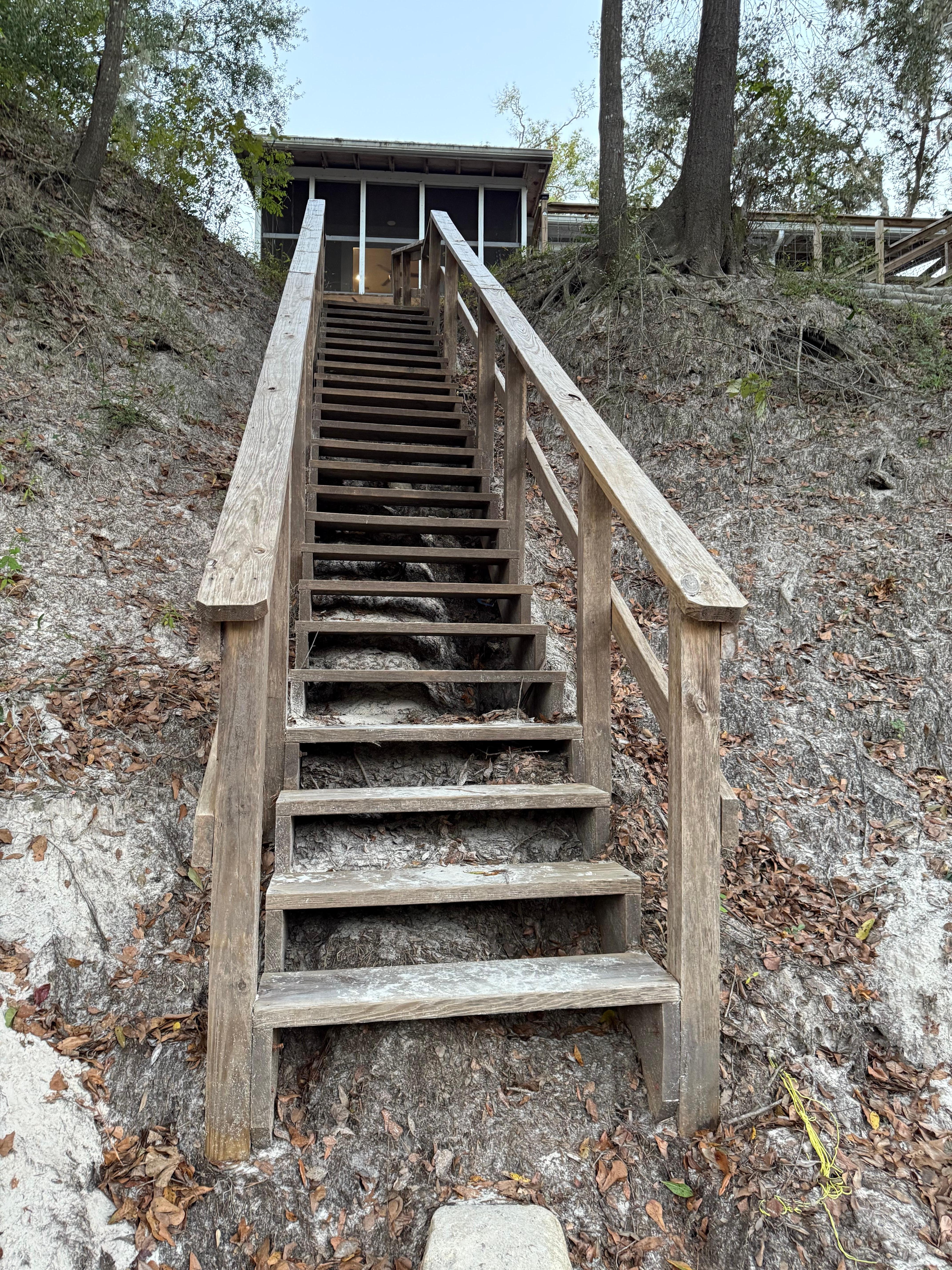 The view up the stairs to the river house 
