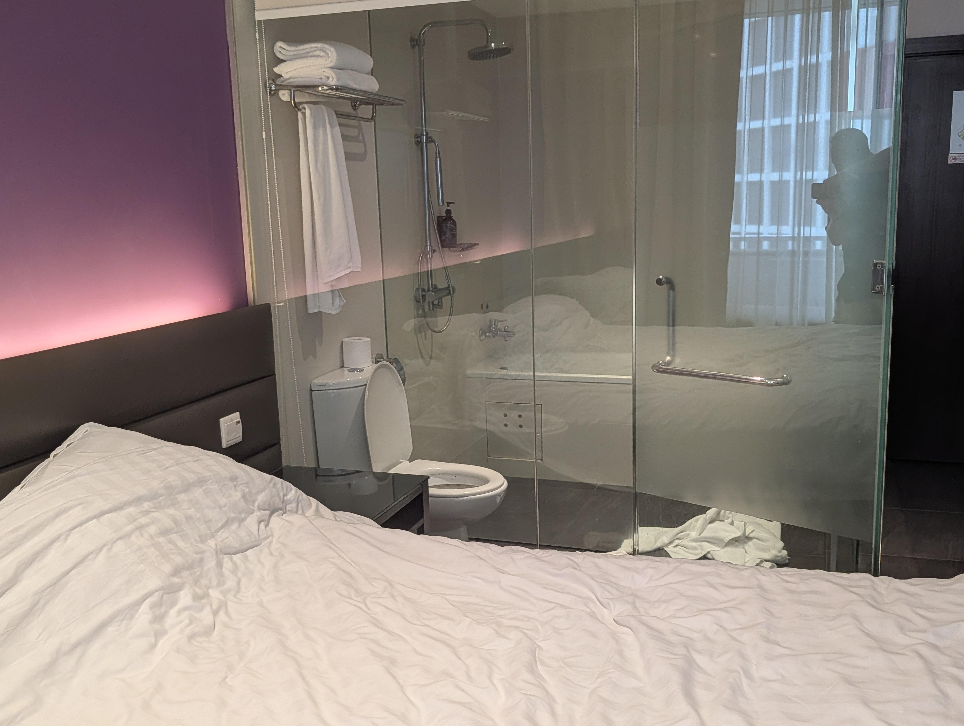 100% clear glass bathroom wall