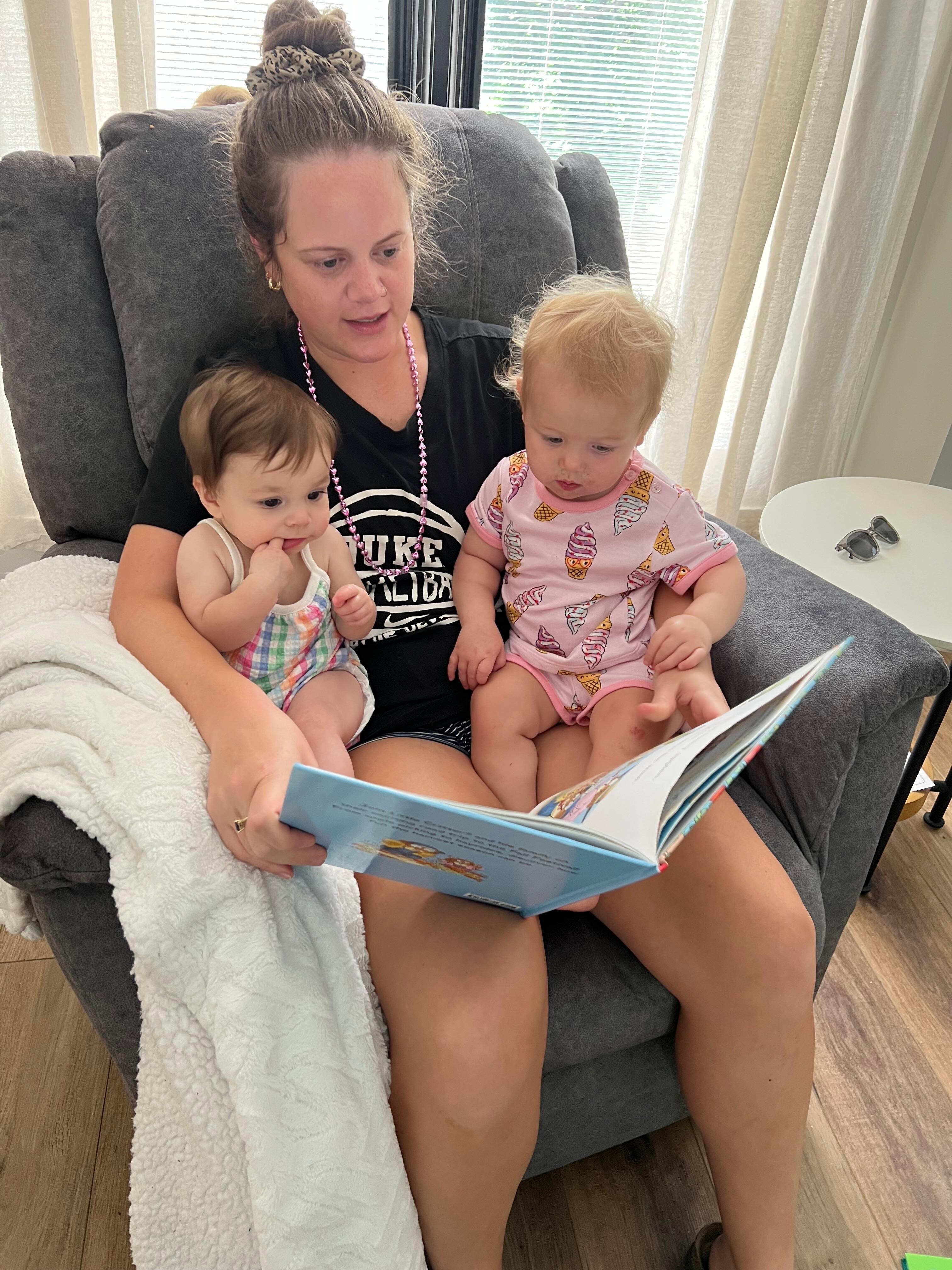 Story time in the living room.