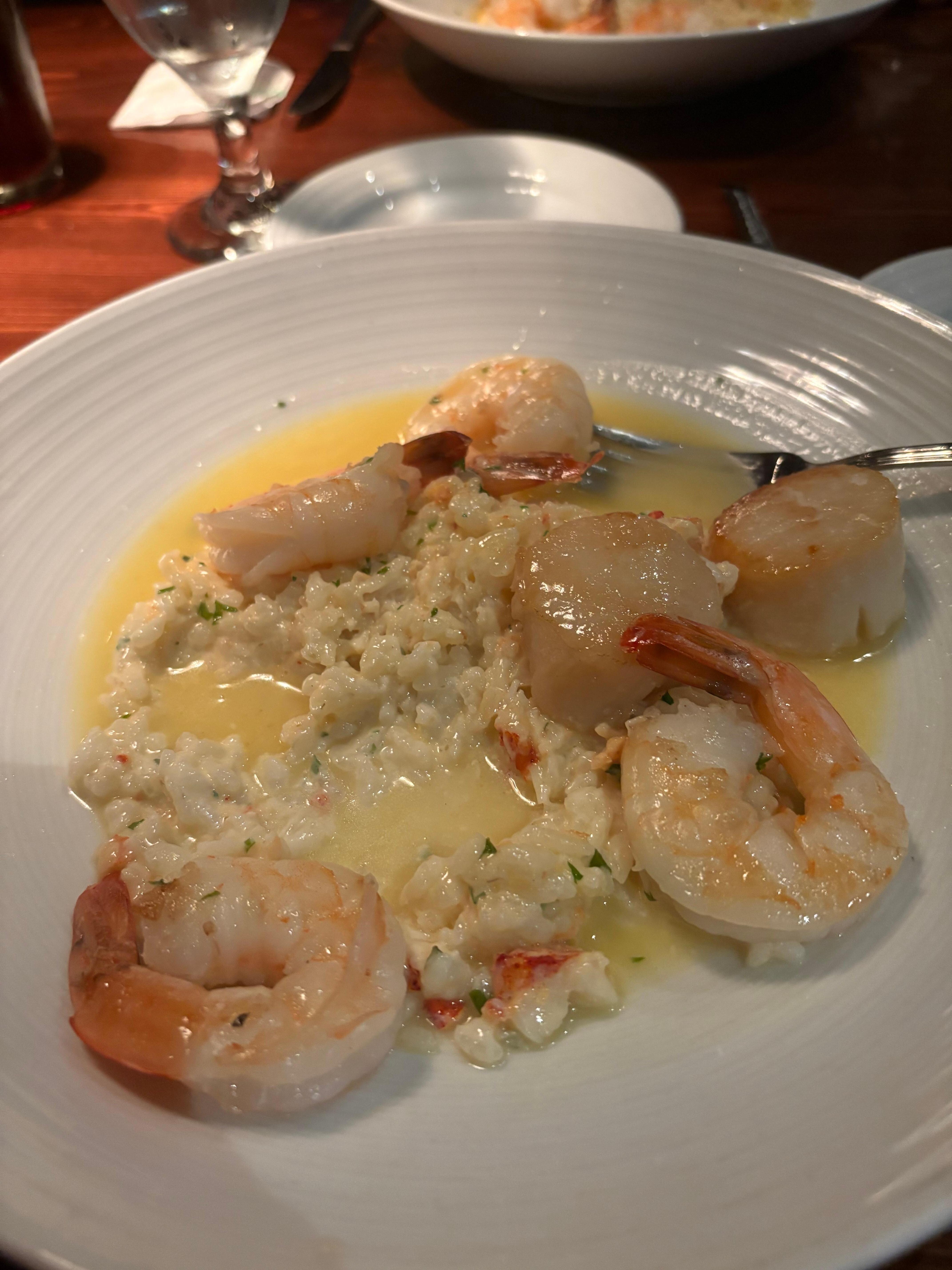Dinner in the Lambertville Station restaurant. Scallops and shrimp on lobster risotto delicious!