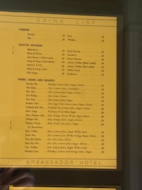 Original drinks menu from the Ambassador bar