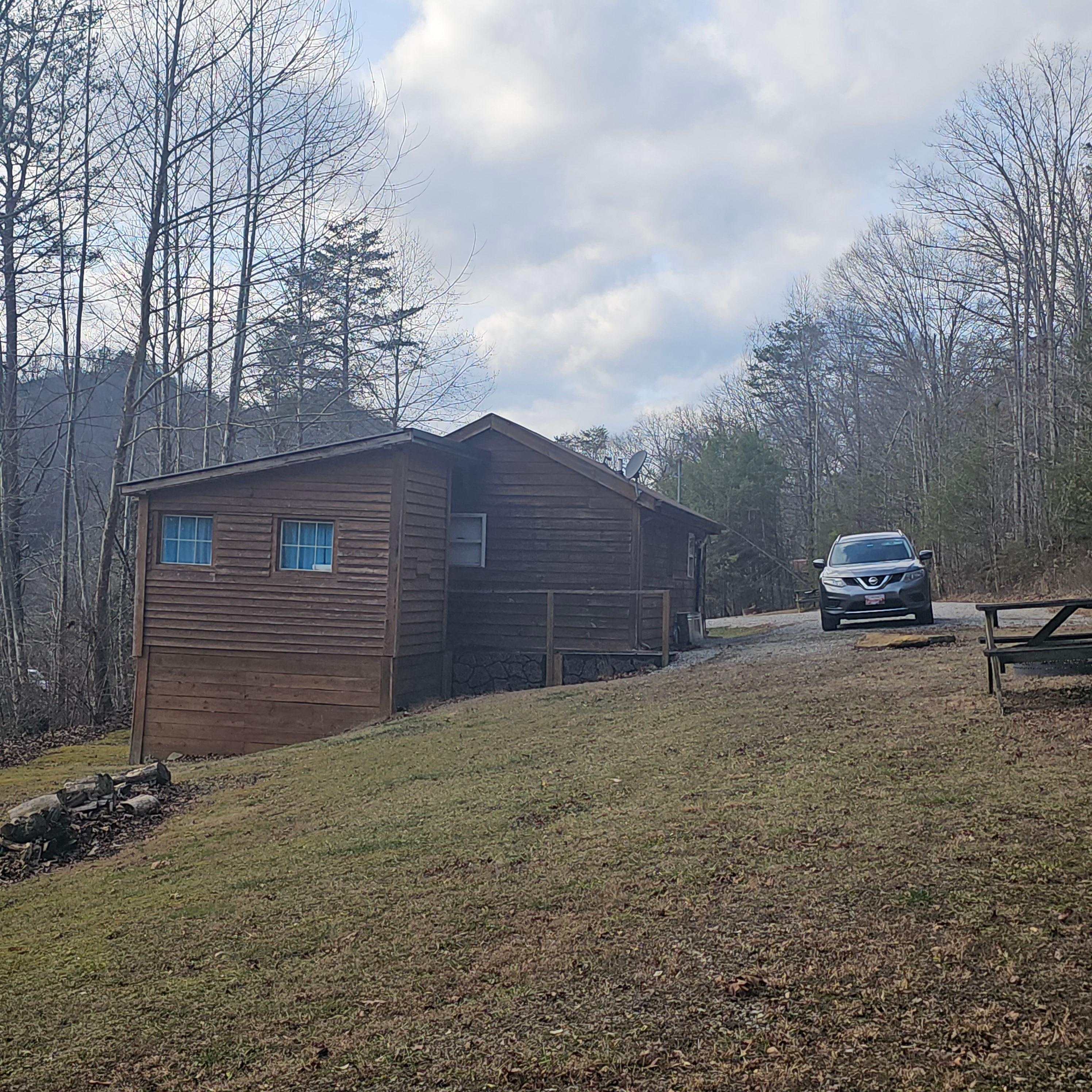 View looking from yard toward cabin and driveway coming into cabin
