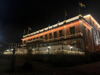 Exterior of hotel decorated for Christmas