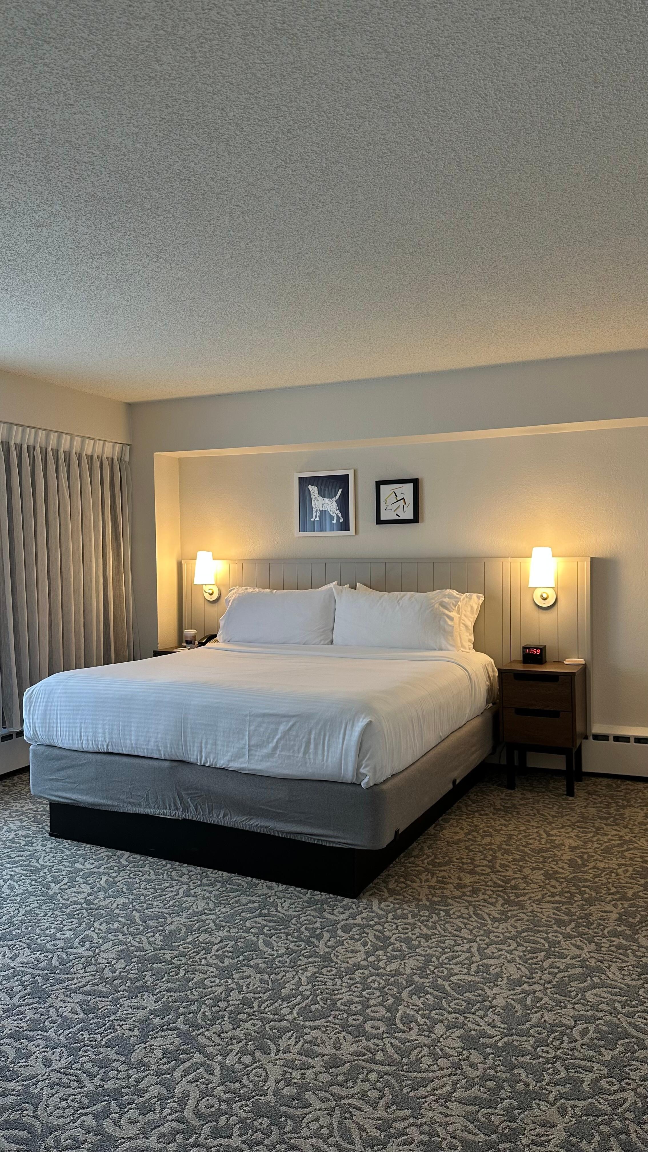 Great bedroom, super comfortable bed , soft pillows, and nice comforter . 