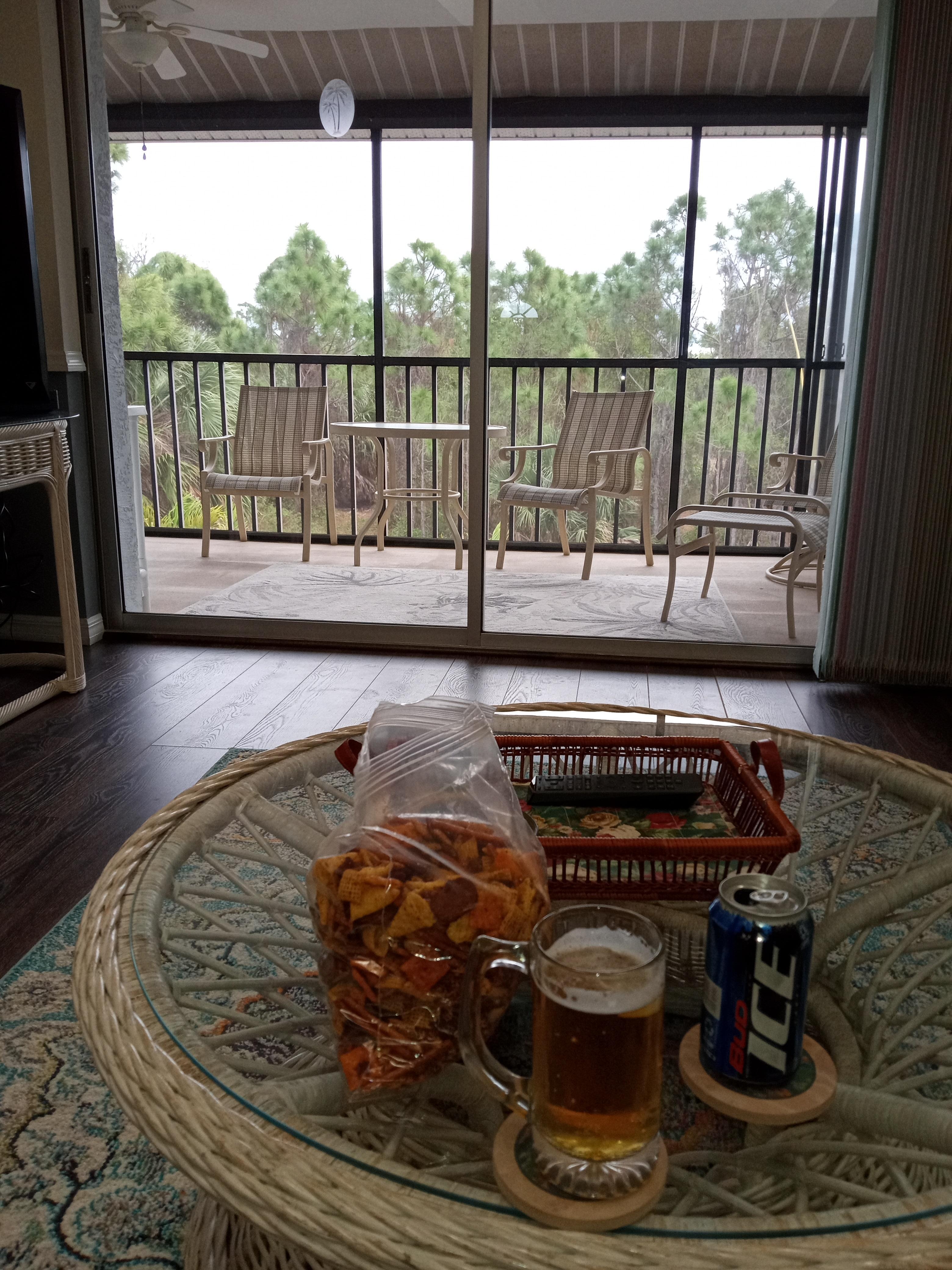 Condo view with a nice screen porch looking over the greenery.