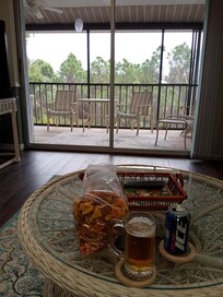 Condo view with a nice screen porch looking over the greenery.