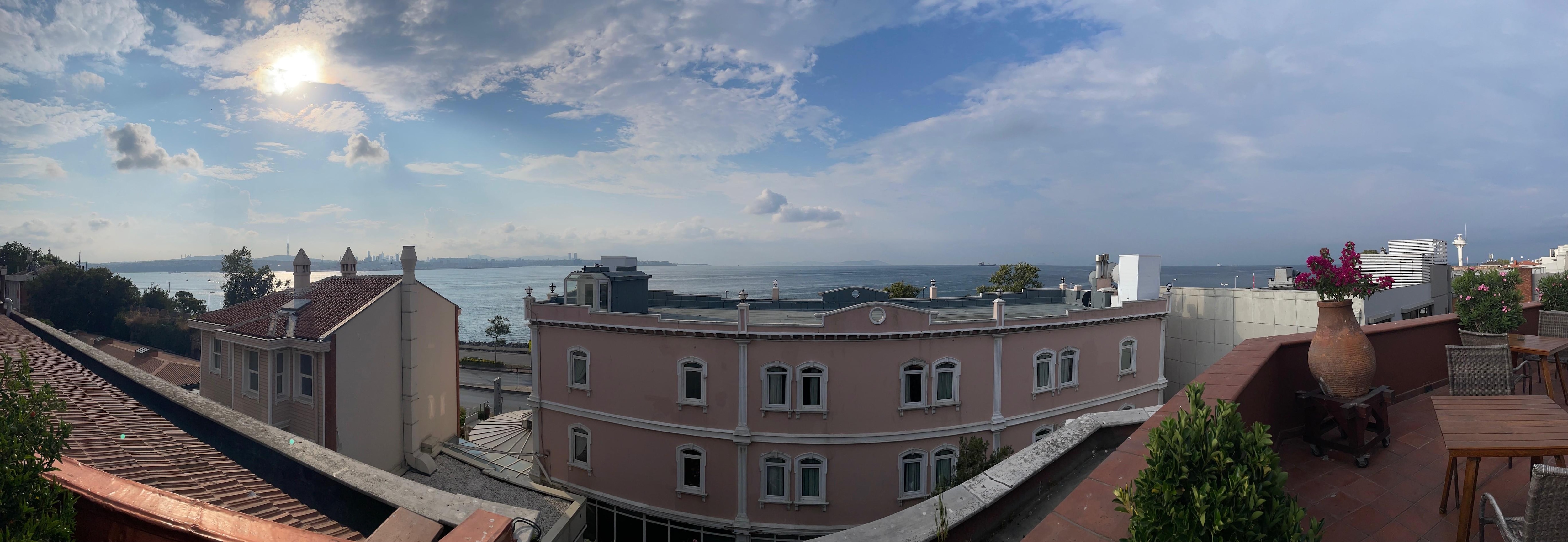View of the bay from the hotel rooftop terrace restaurant