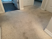 Stained carpet in the upstairs hallway.