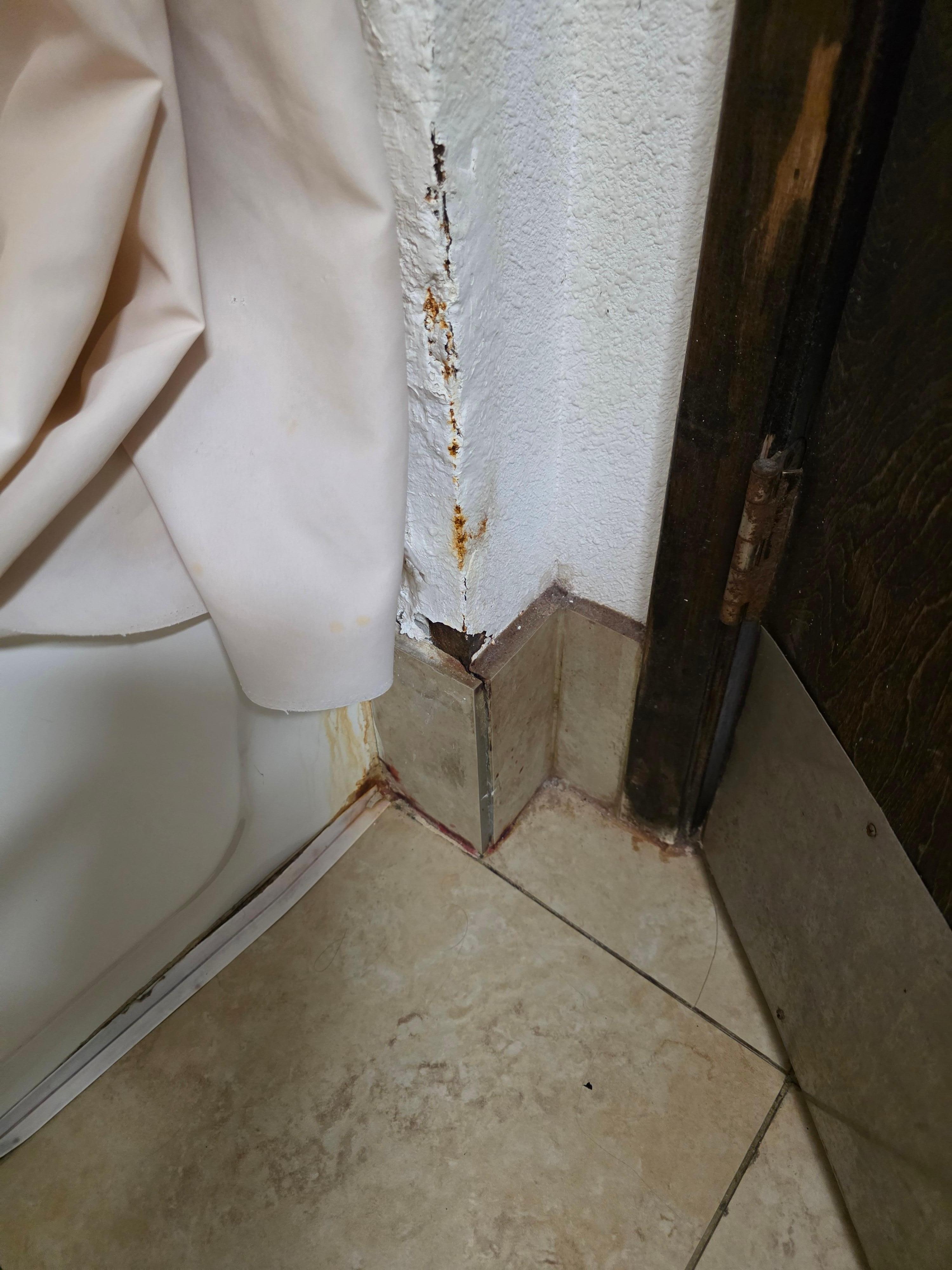 By the back of the tub behind the door