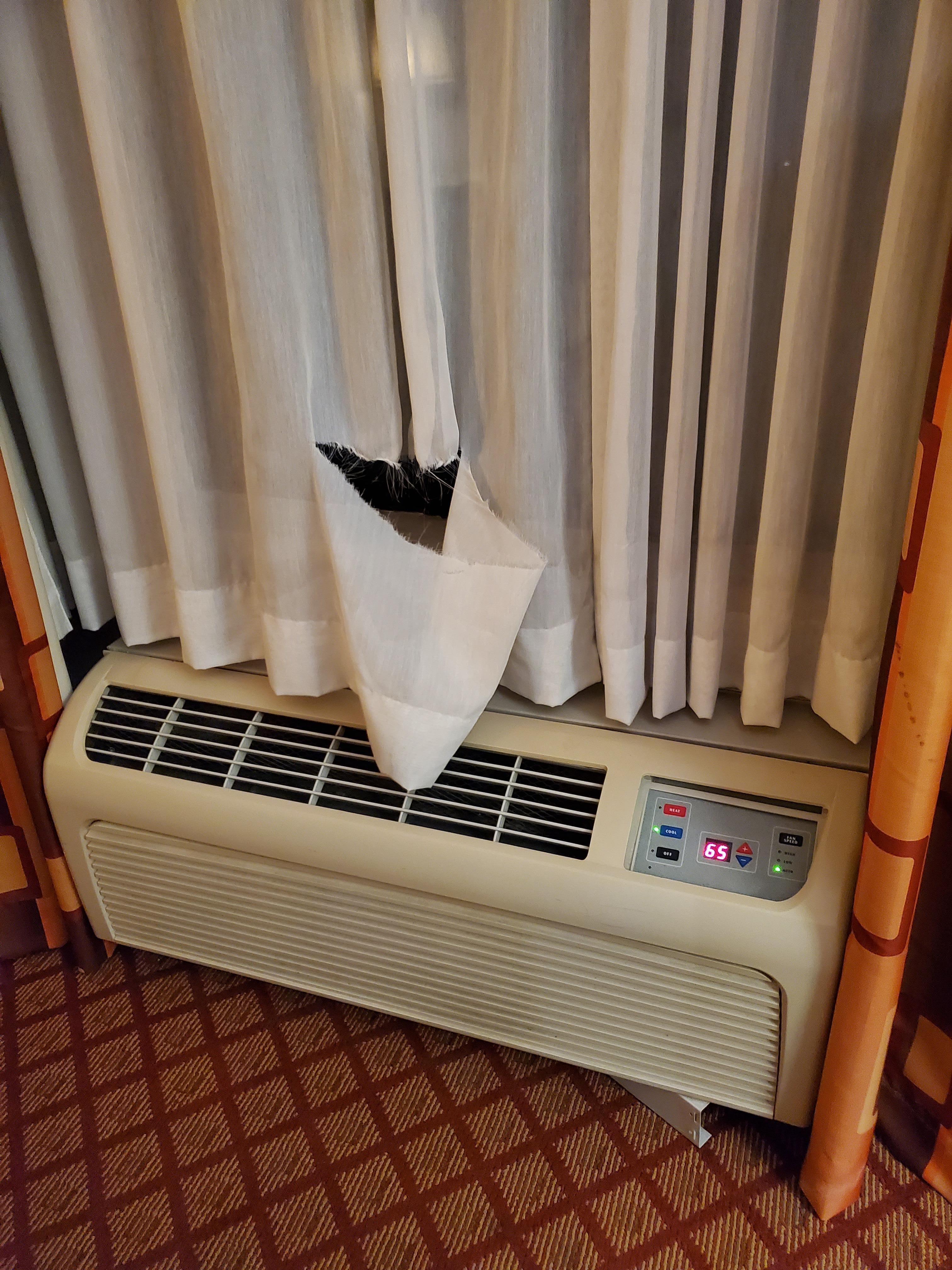 Large hole/tear in curtain.  Spoke with the front desk. They said they were aware