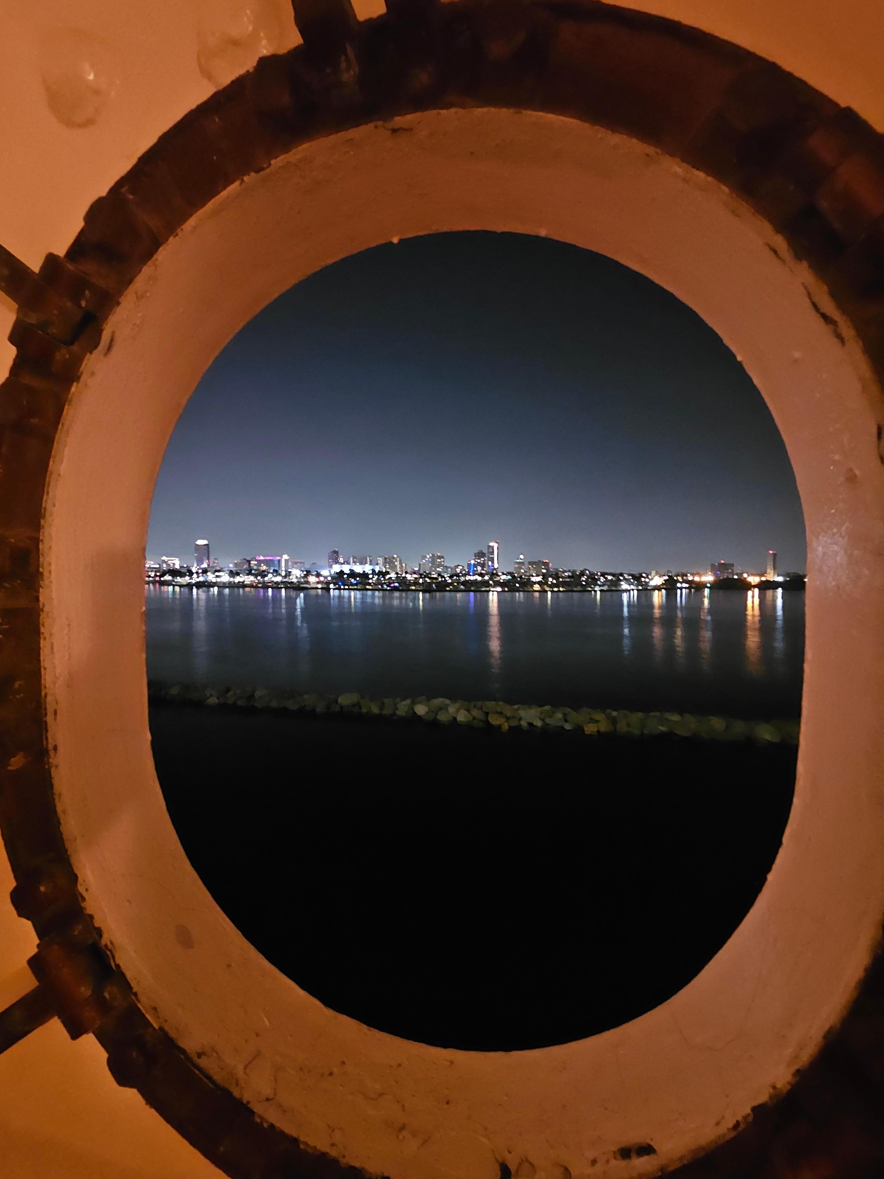 View from the port hole at night