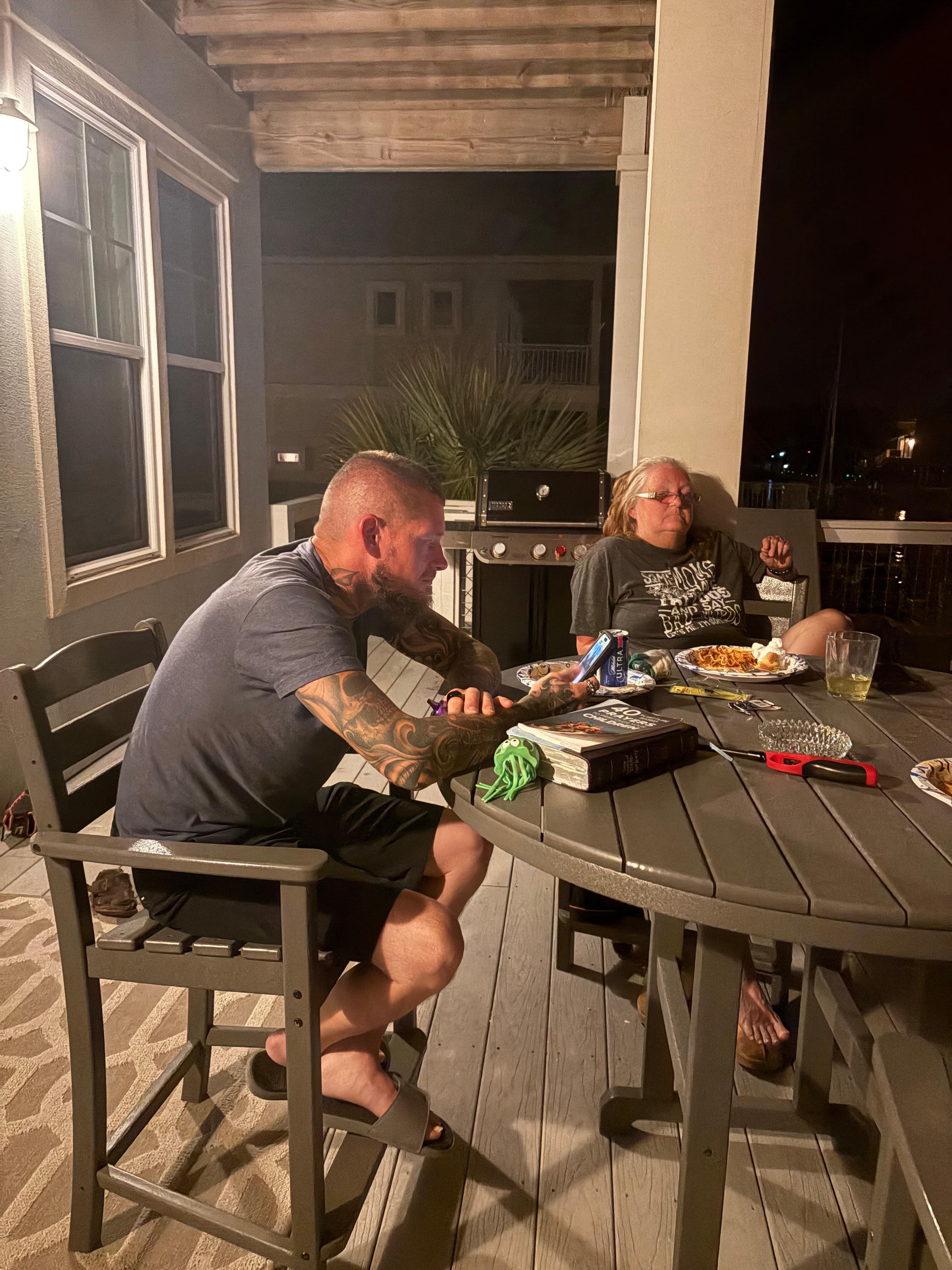 Sitting on the deck enjoying family time 