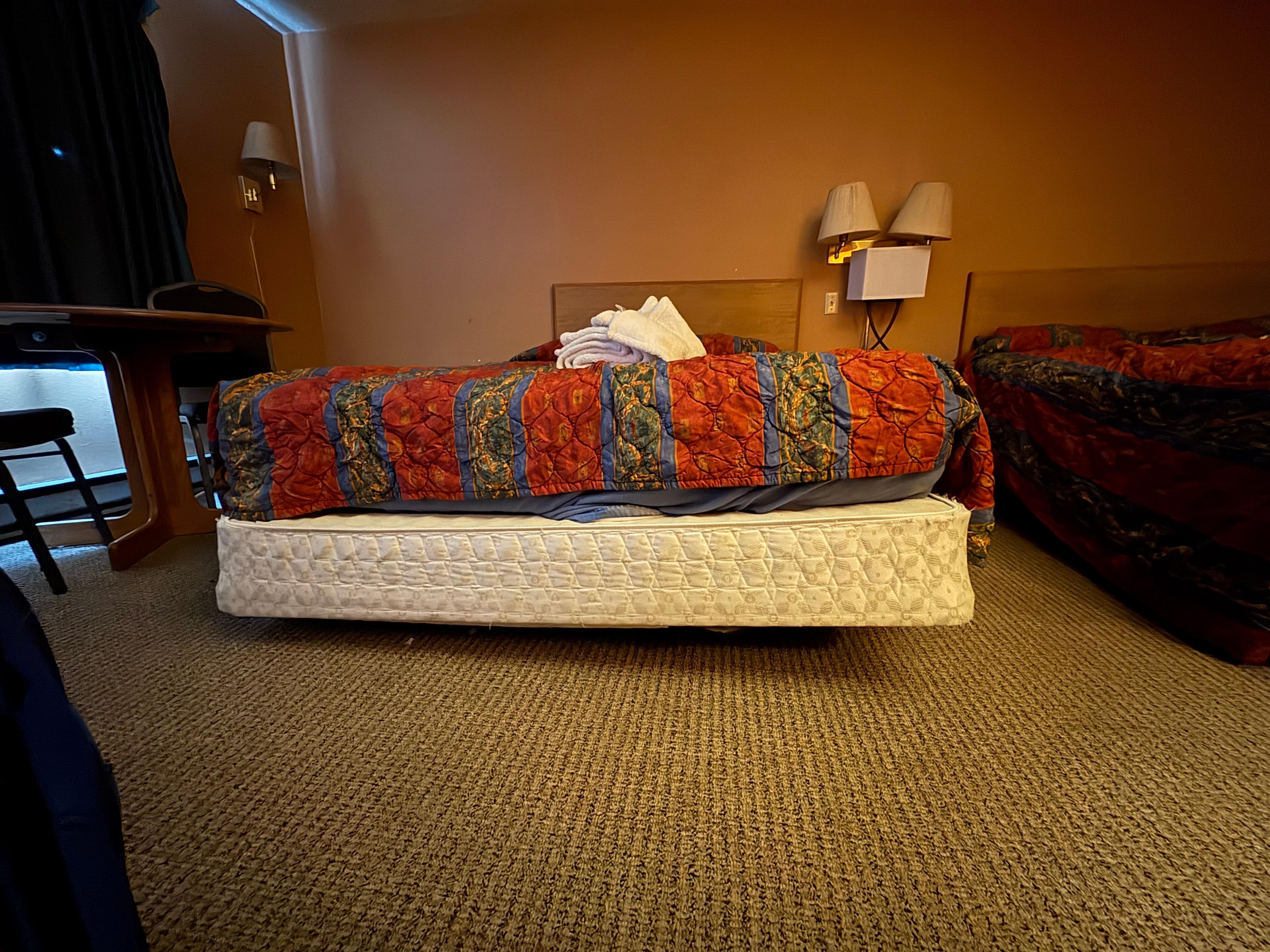 Box spring frames broken, making bed lean and uneven. 