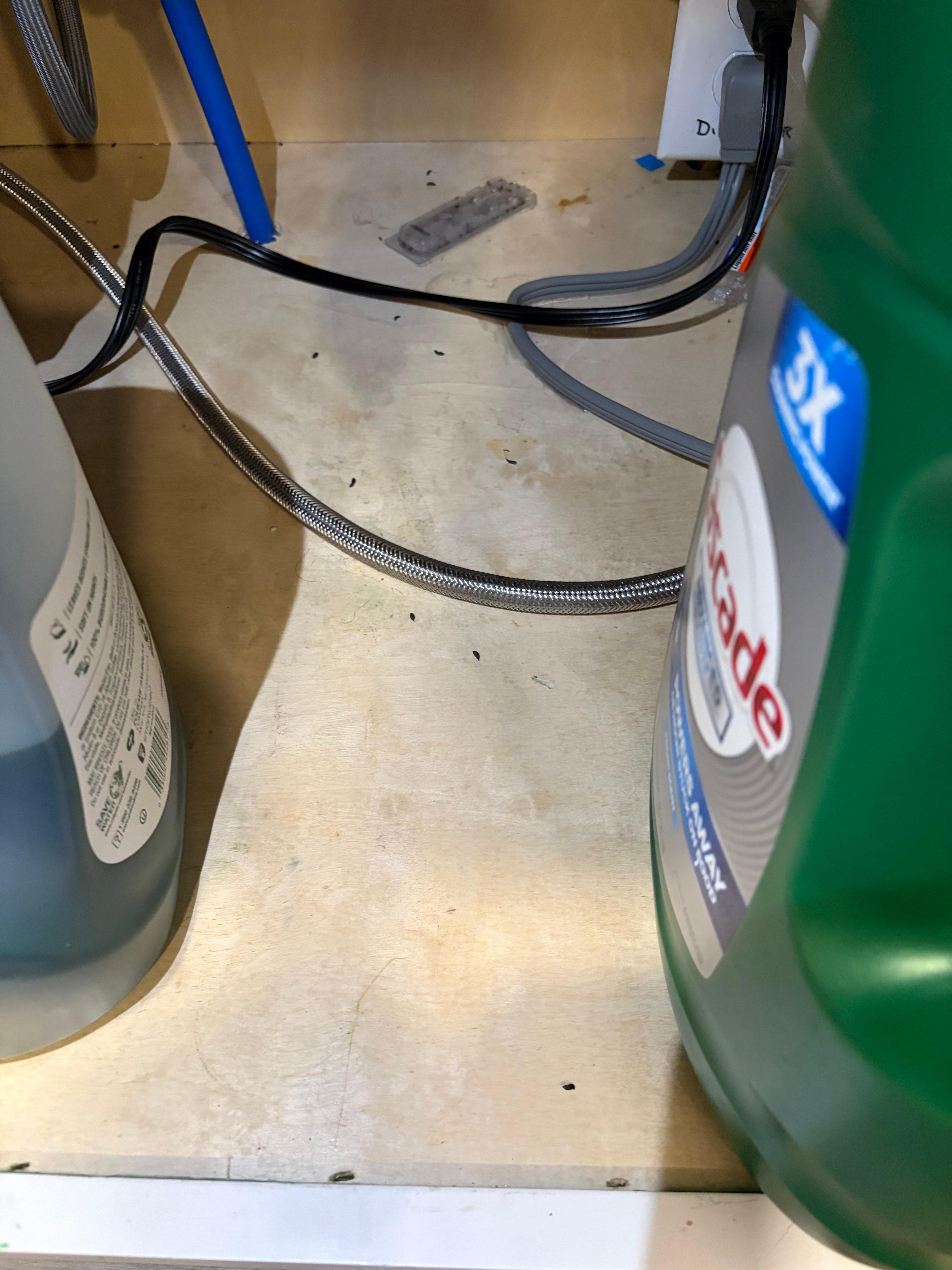Mouse drippings under the kitchen sink.