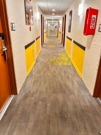 As of our visit Jan 2026, carpet in the halls is due for a cleaning. Carpet in room was clean.