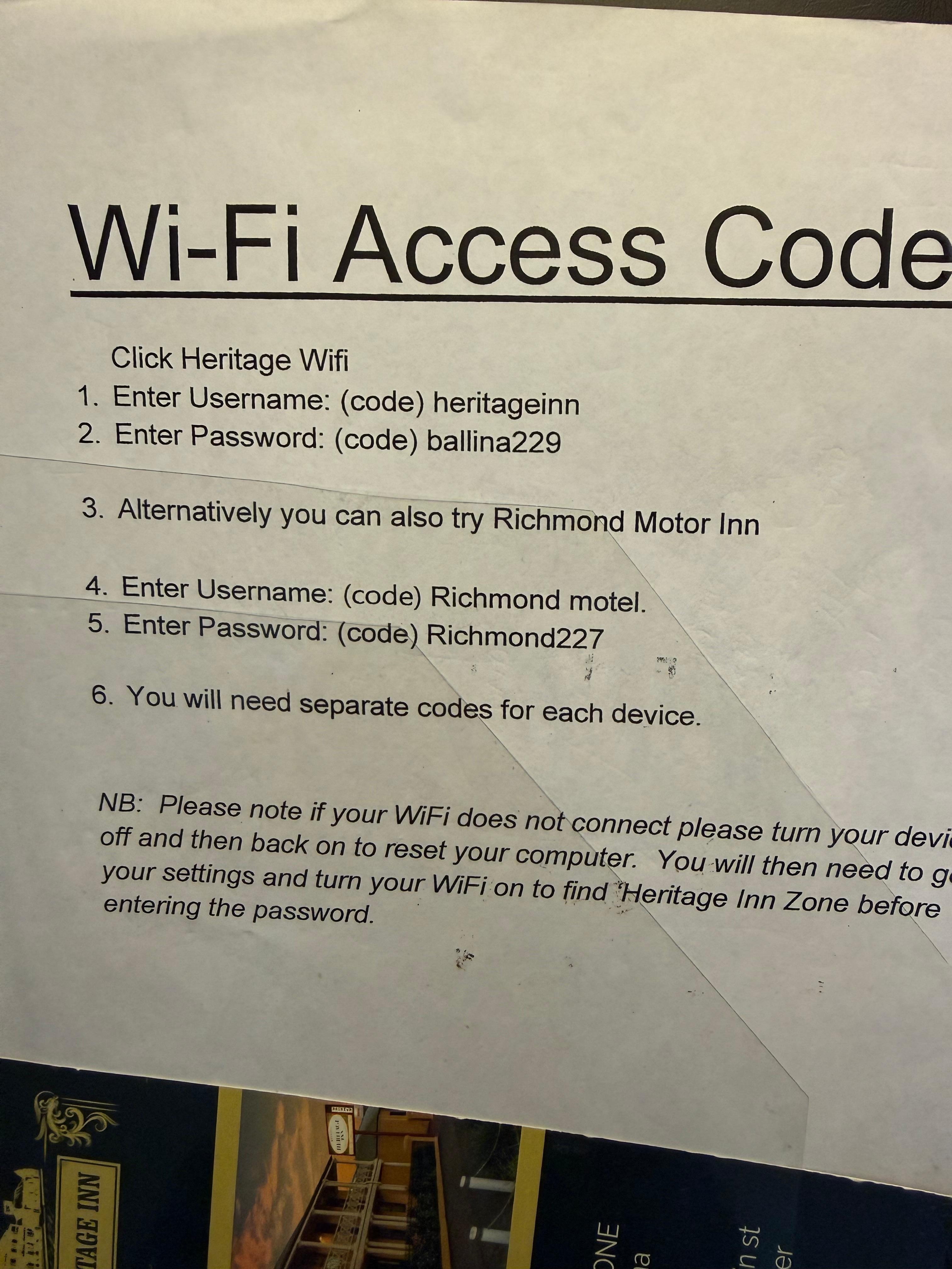 Guest book info for internet access. 