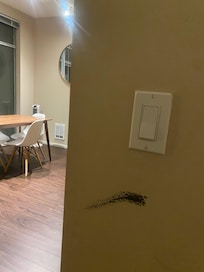 scuffs all over apt, window blinds damaged, no screens on windows, no outlet covers, dirty unit.