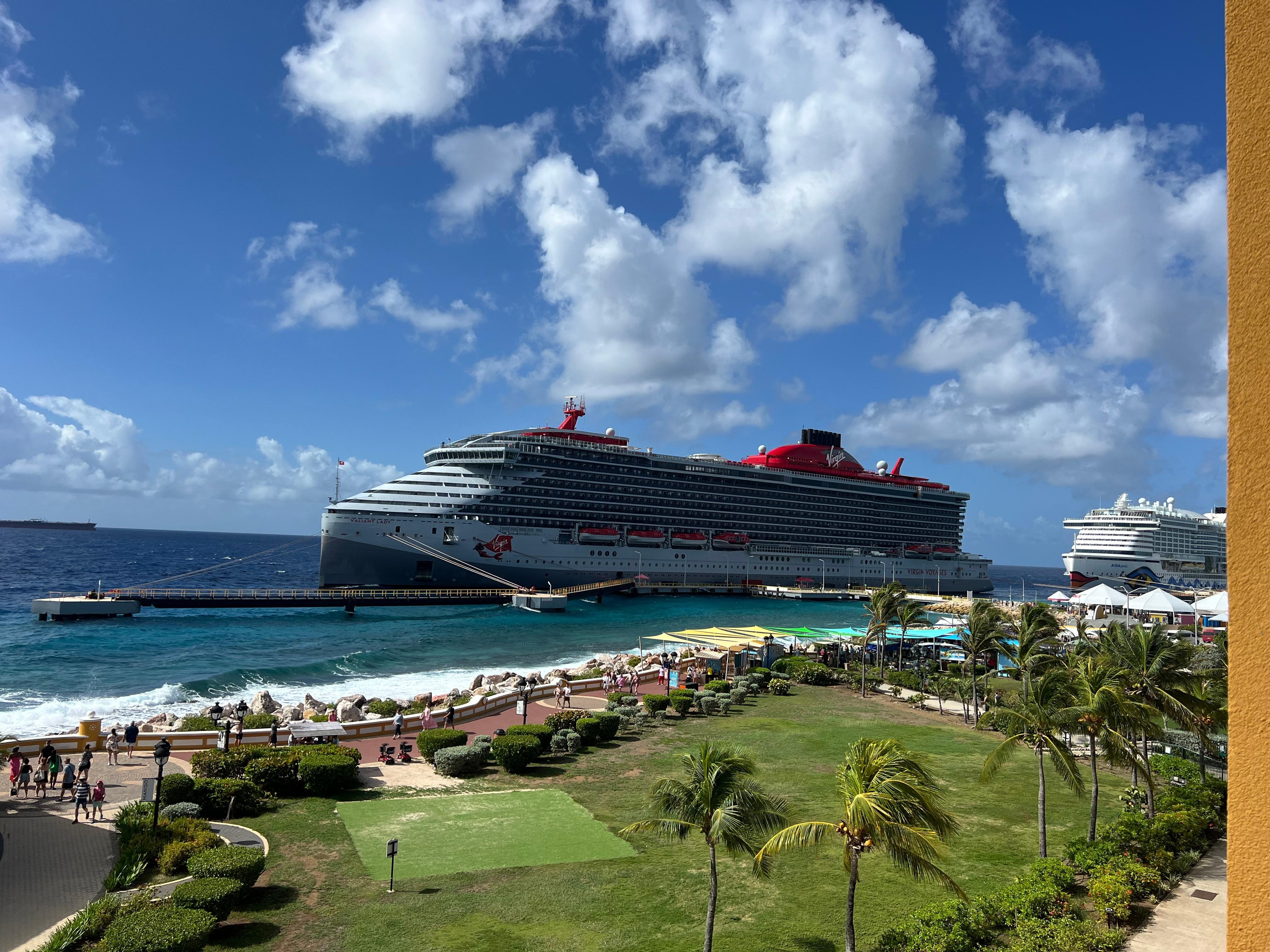 View from our balcony.. you can see the cruise ships in port. 