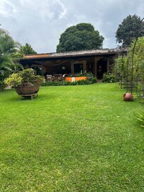 The lawn outside Room 8 next to outdoor covered patio.
