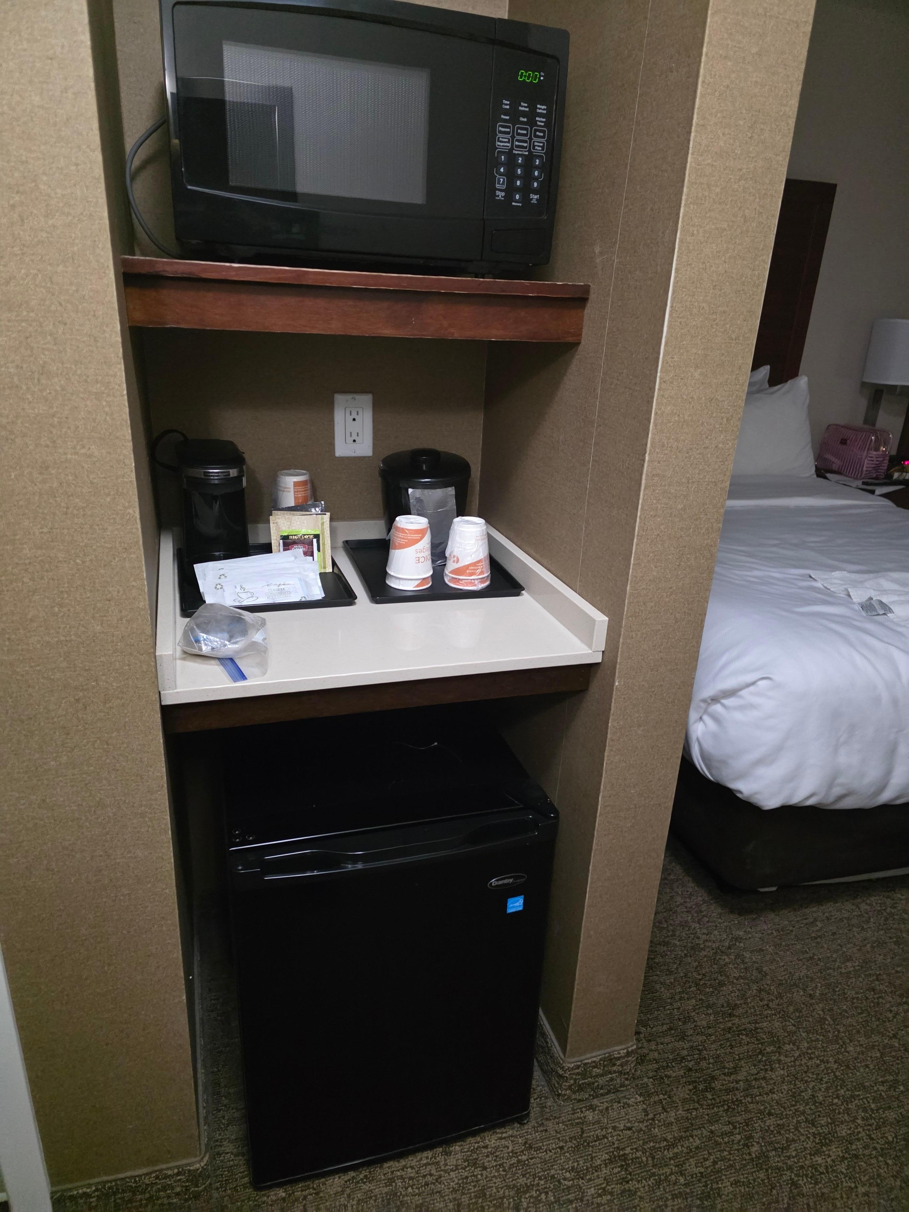 Mini fridge and microwave.