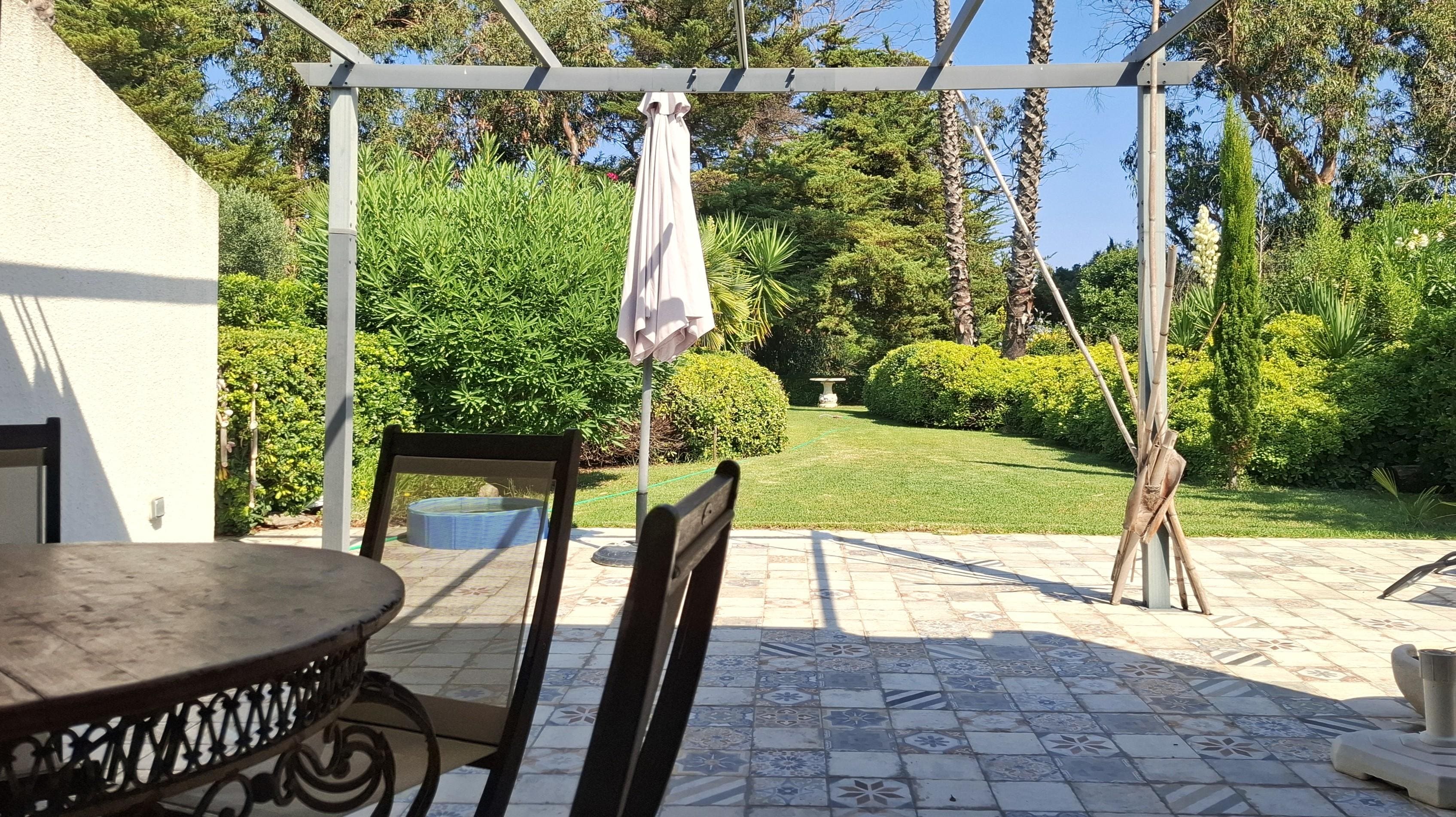 Blick über die Terrasse in den Garten.