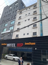 Outside the hotel