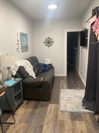 We didn’t spend much time inside but the couch was a great place to sit and read and have a view of the woods.