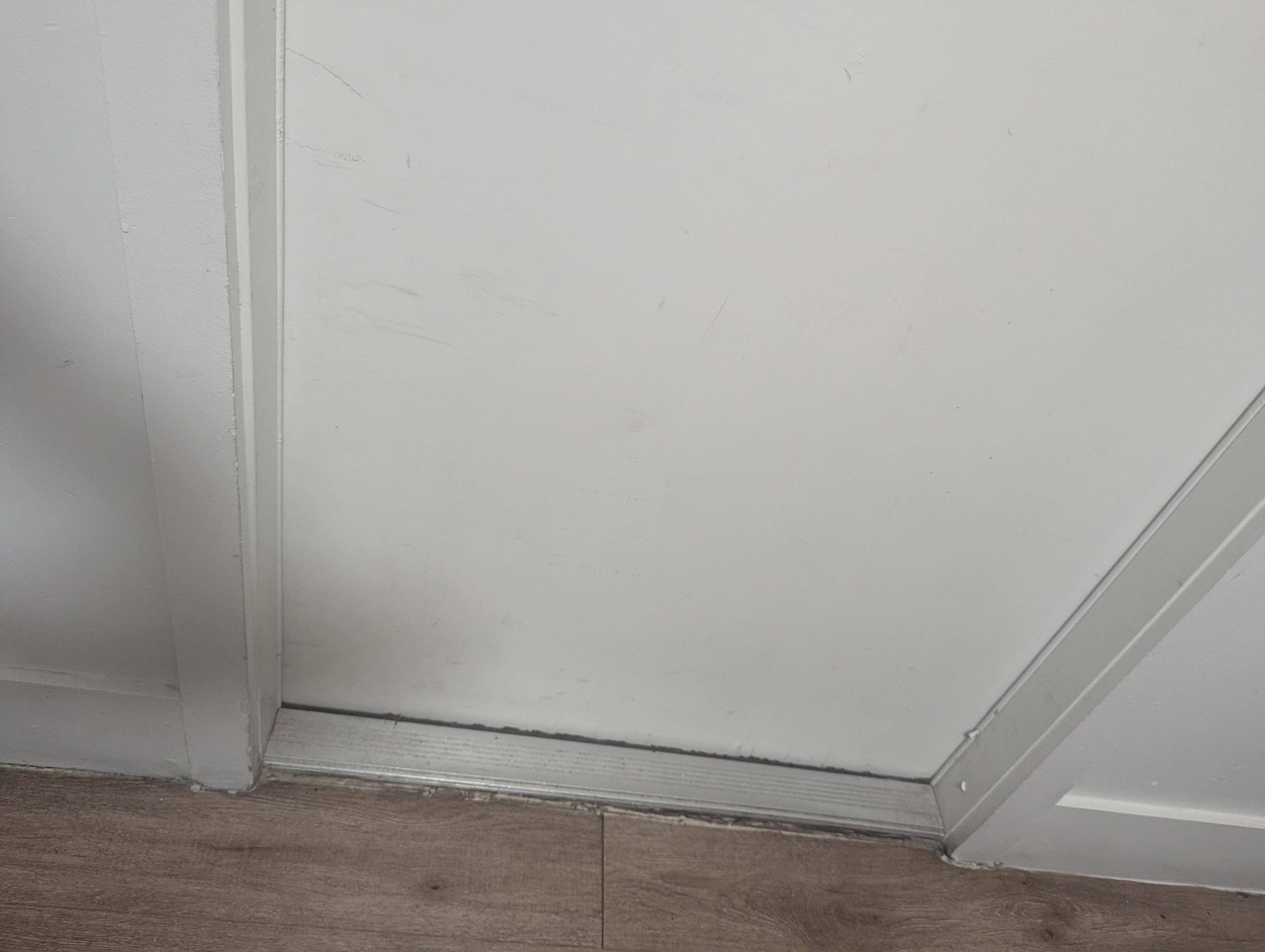 Mildew and dirt around baseboards and entry door