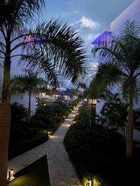 Night view of walkway to room