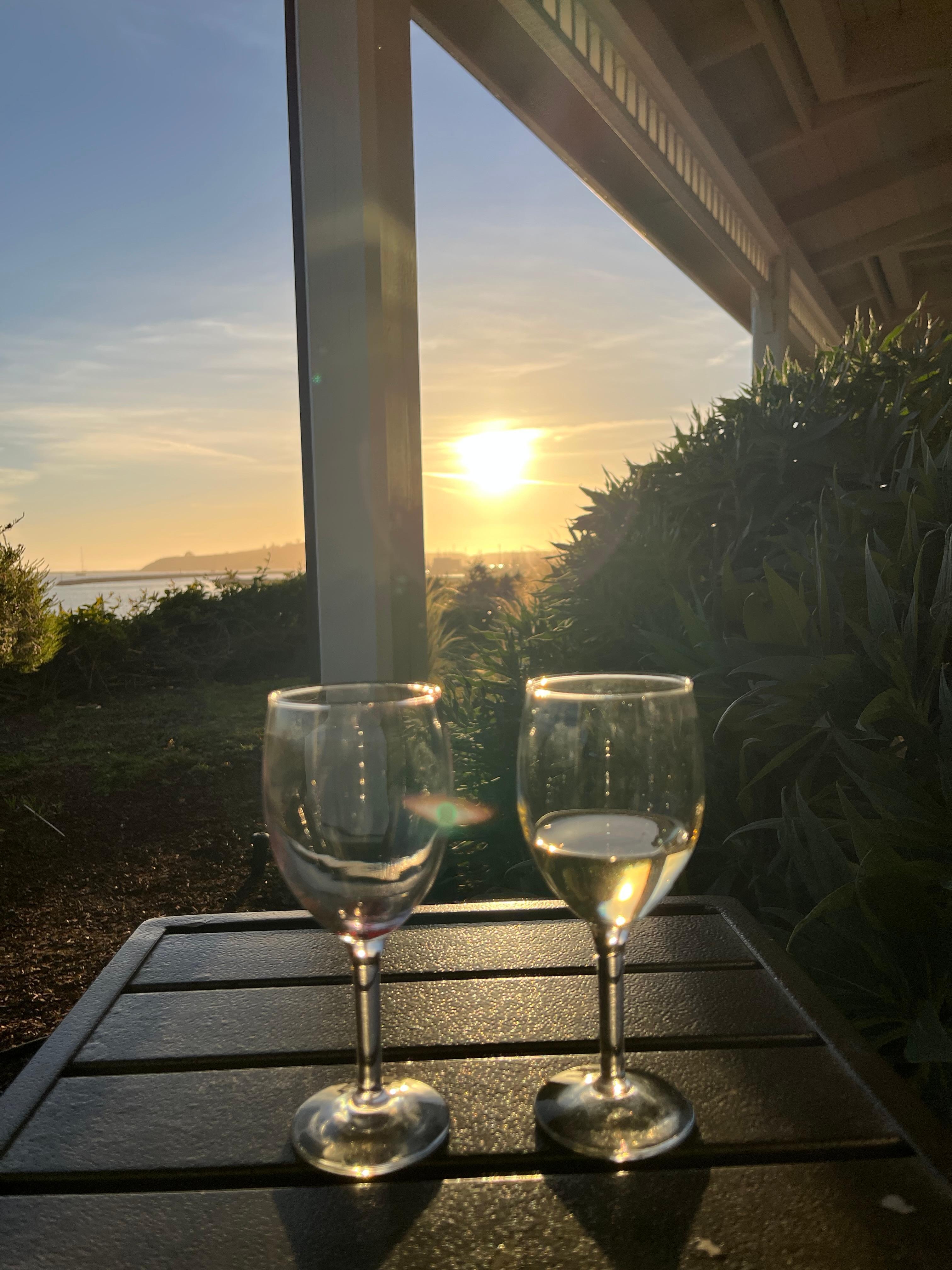 Enjoying the beautiful sunset while drinking wine from the wine tasting hour. 