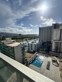View from the porch looking at the pool