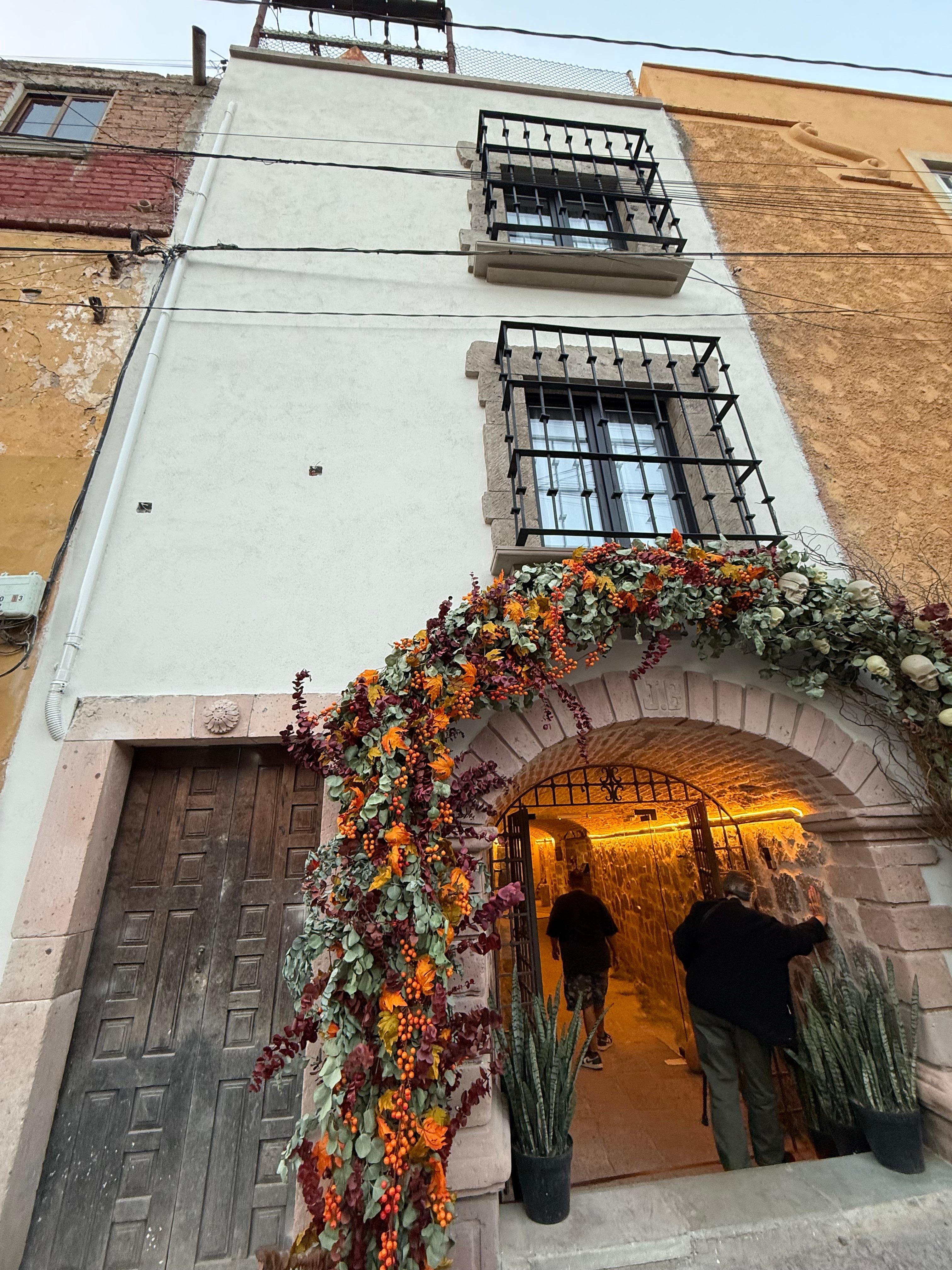 Hotel Socavón’s entrance with Día de los Muertos decor.  