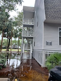 The condo is on the very top floor over 30 steps. No elevator.
