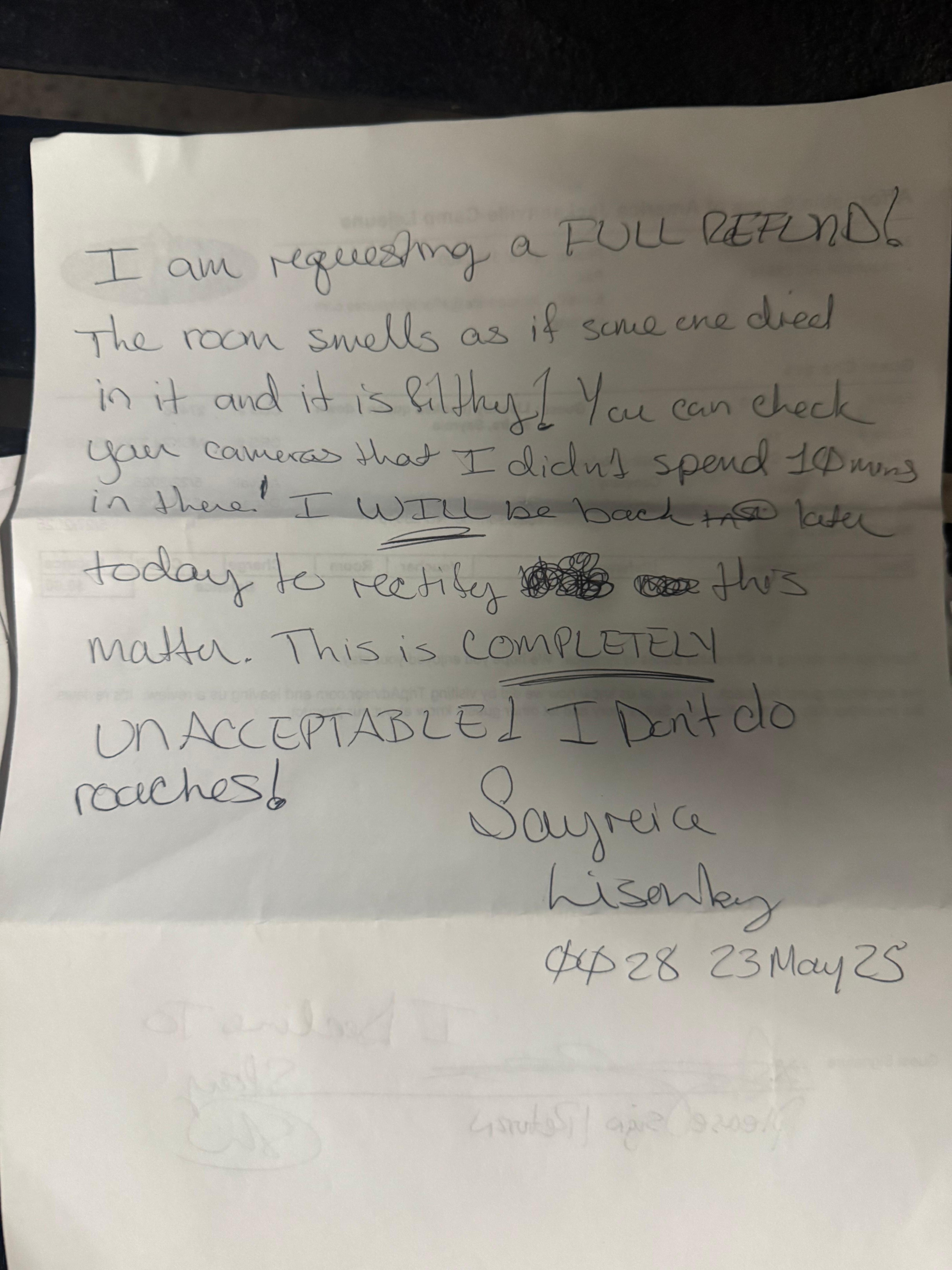 The note I left 10 mins after arriving 