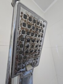 Corrosion/rust on shower head. Strong smell of mildew