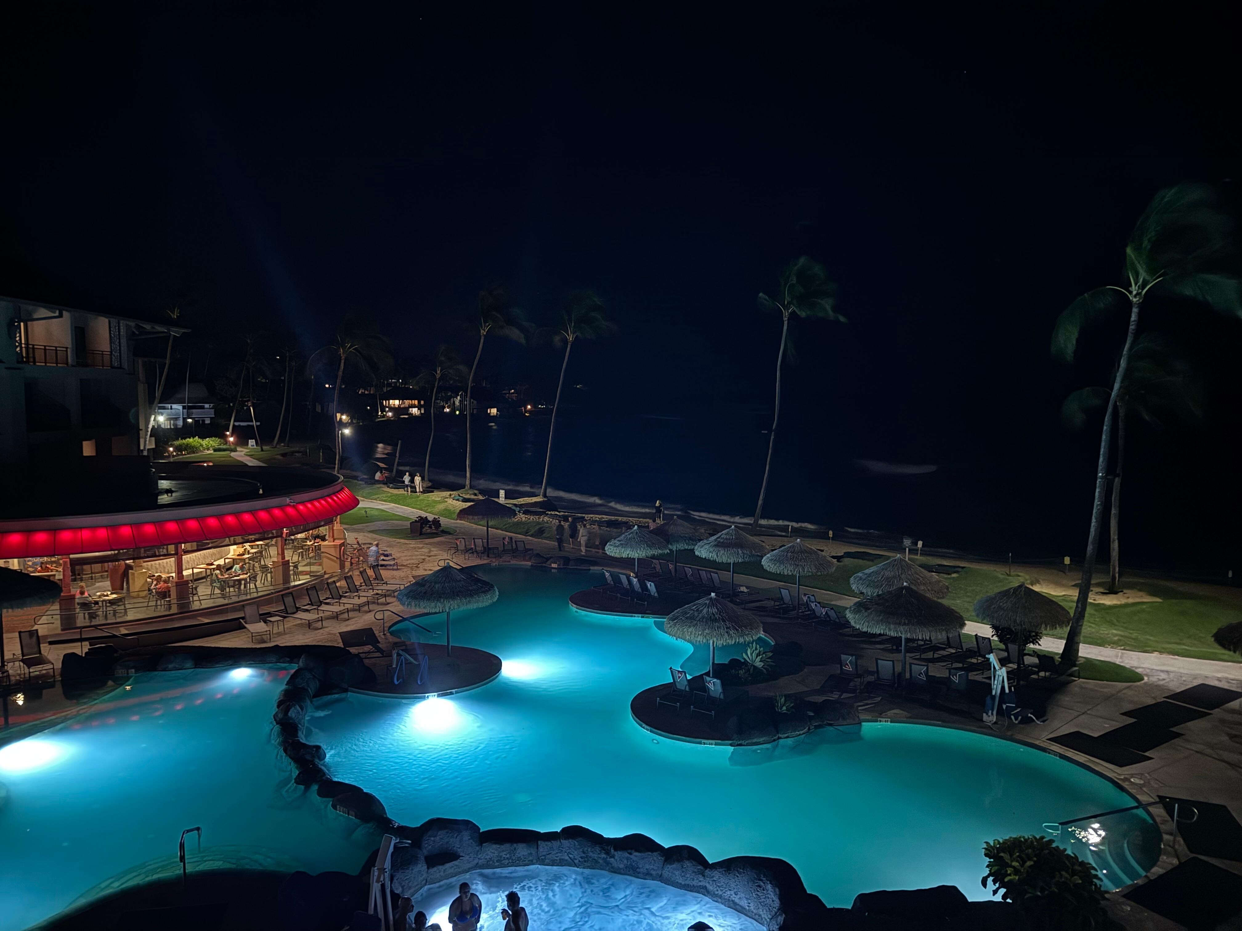 Pool at night, view from our room