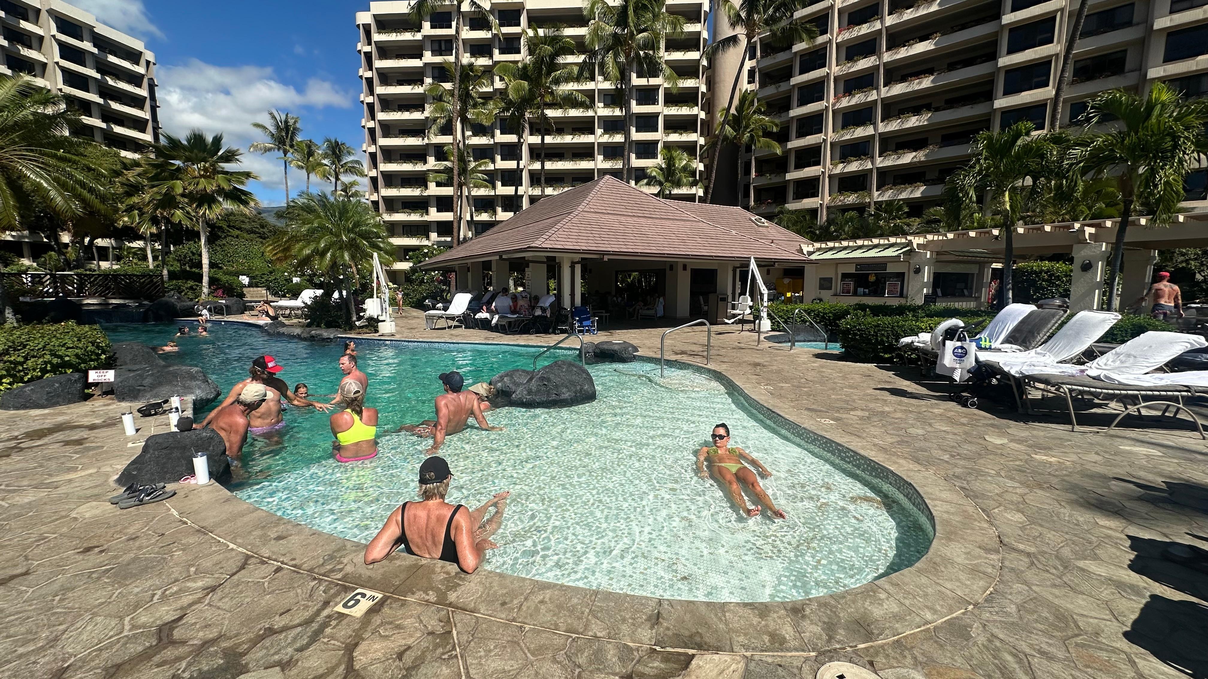Great pool area (not huge but never  overly crowded). Huge covered area with comfy seating, tvs, microwave).  Also tons of grills with lots of seating. 