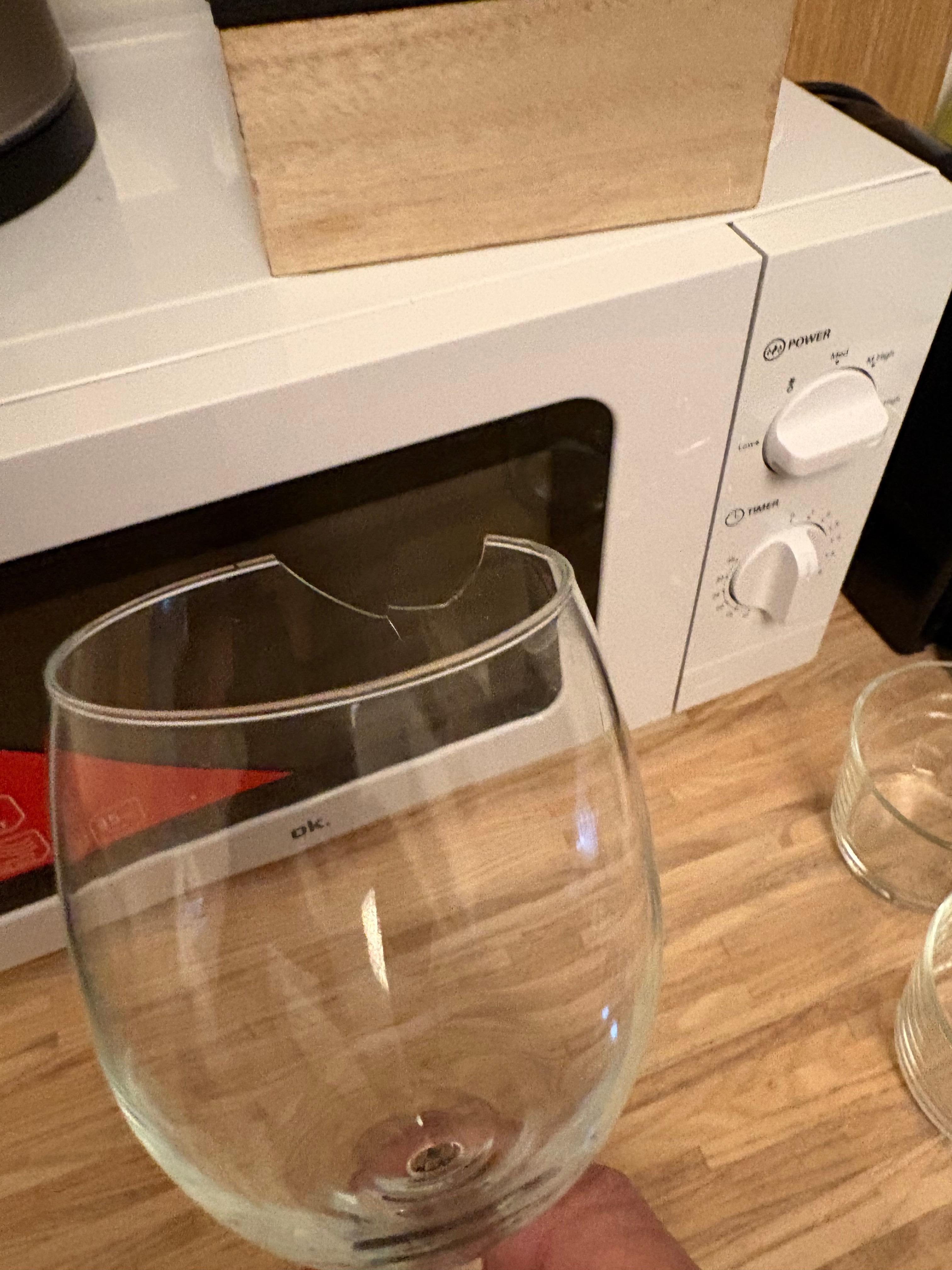 Broken wine glass the only one in the cabinet