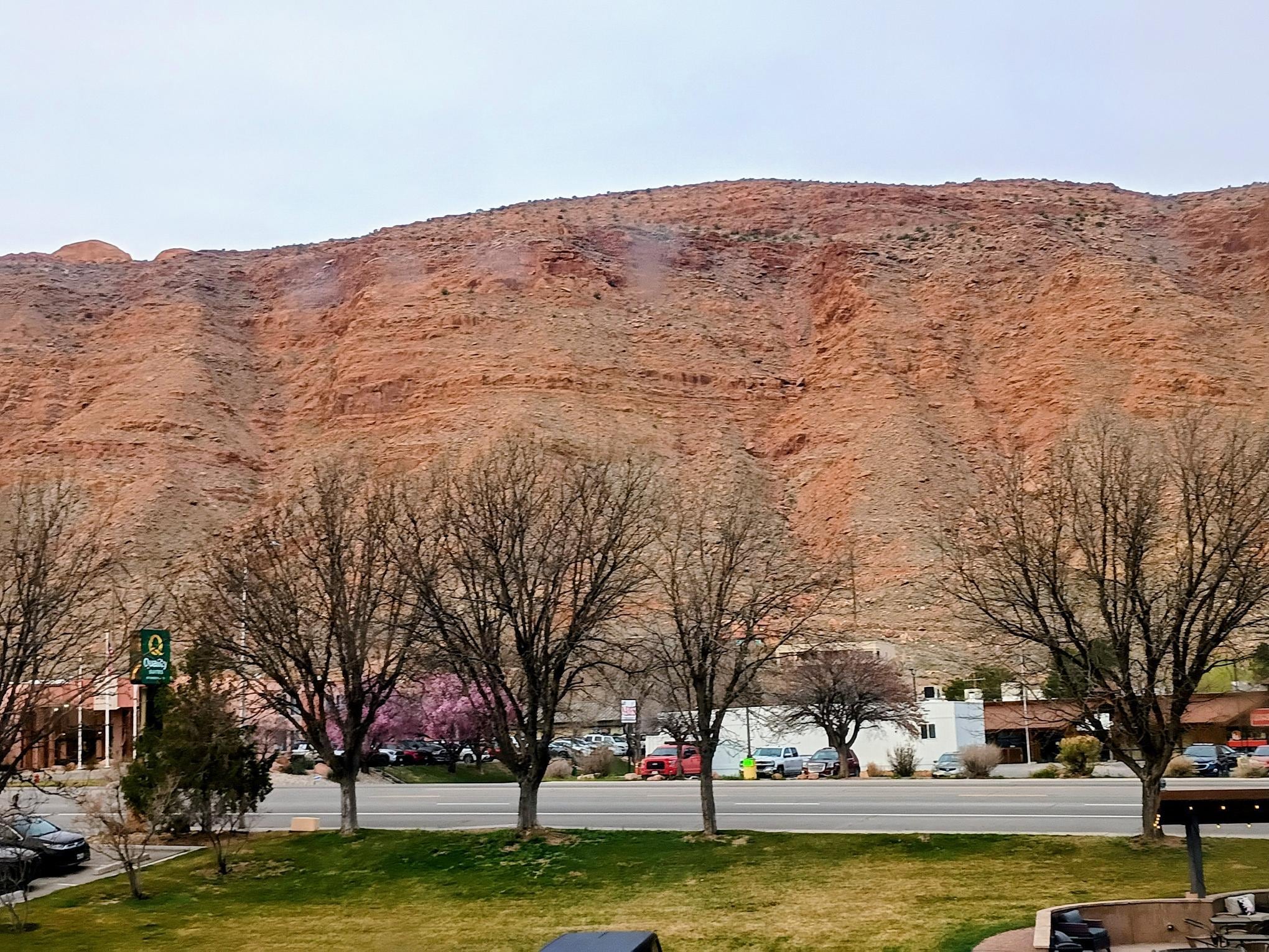 View of the Moab Rim from the second floor of the Moab Valley Inn.
