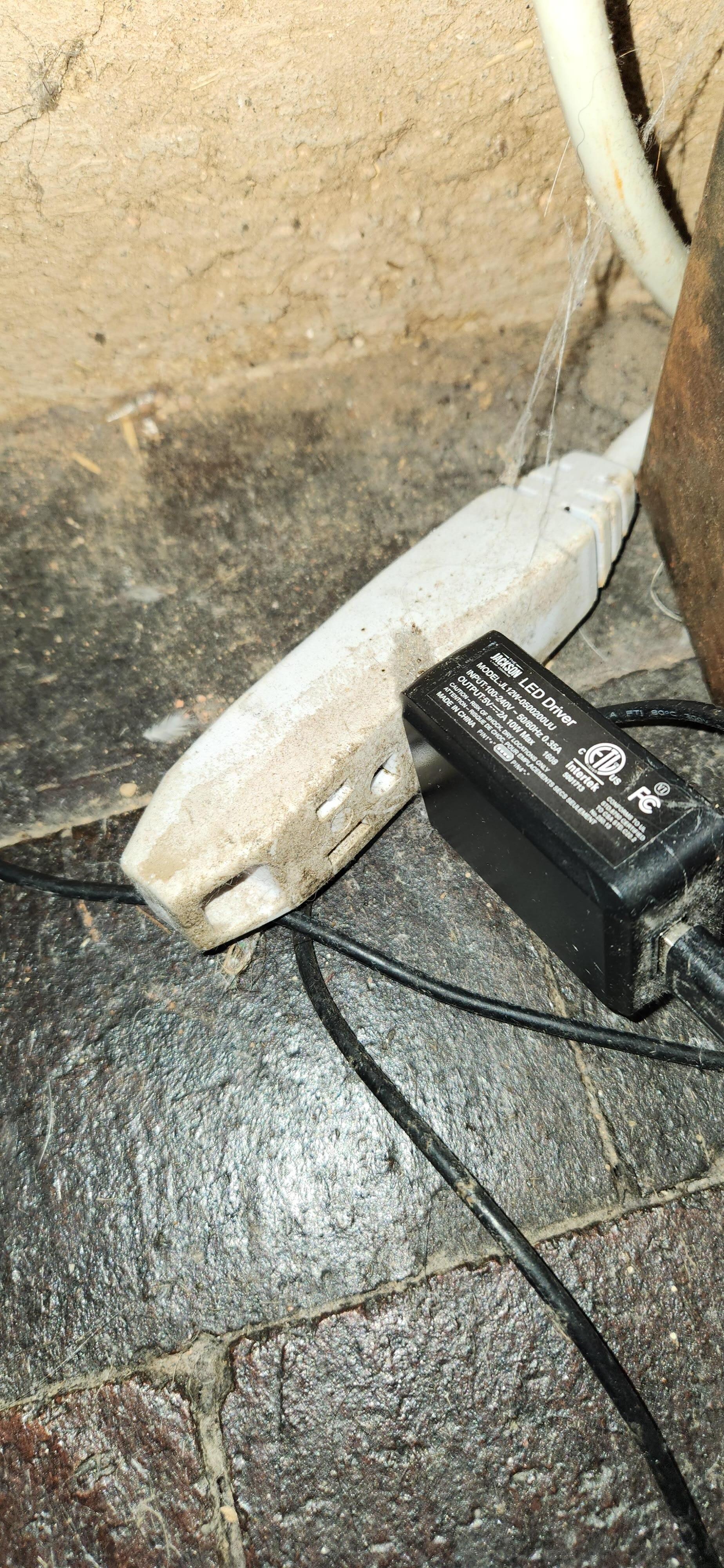 Filthy plug behind bed. Not many outlets in the apartment.