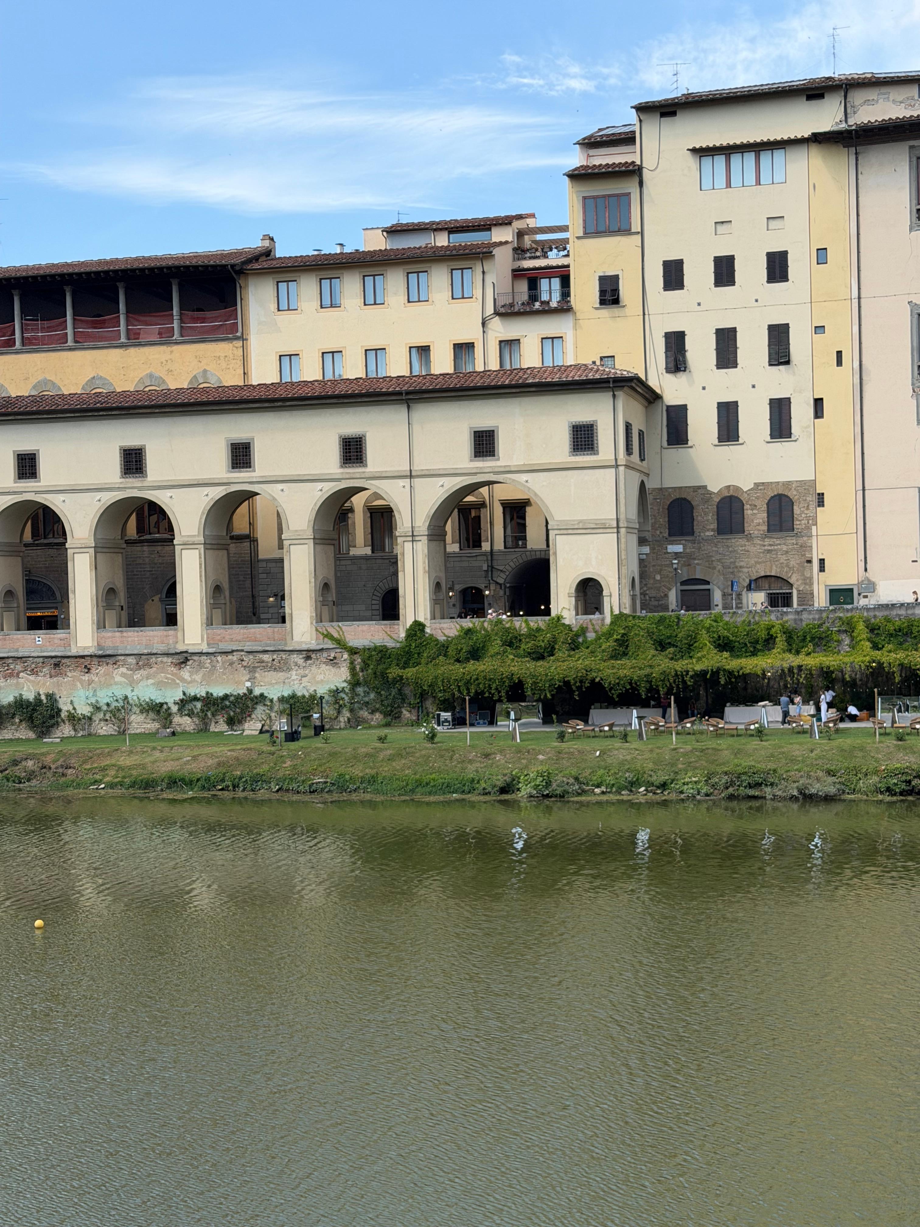 View of hotel from across the river. 