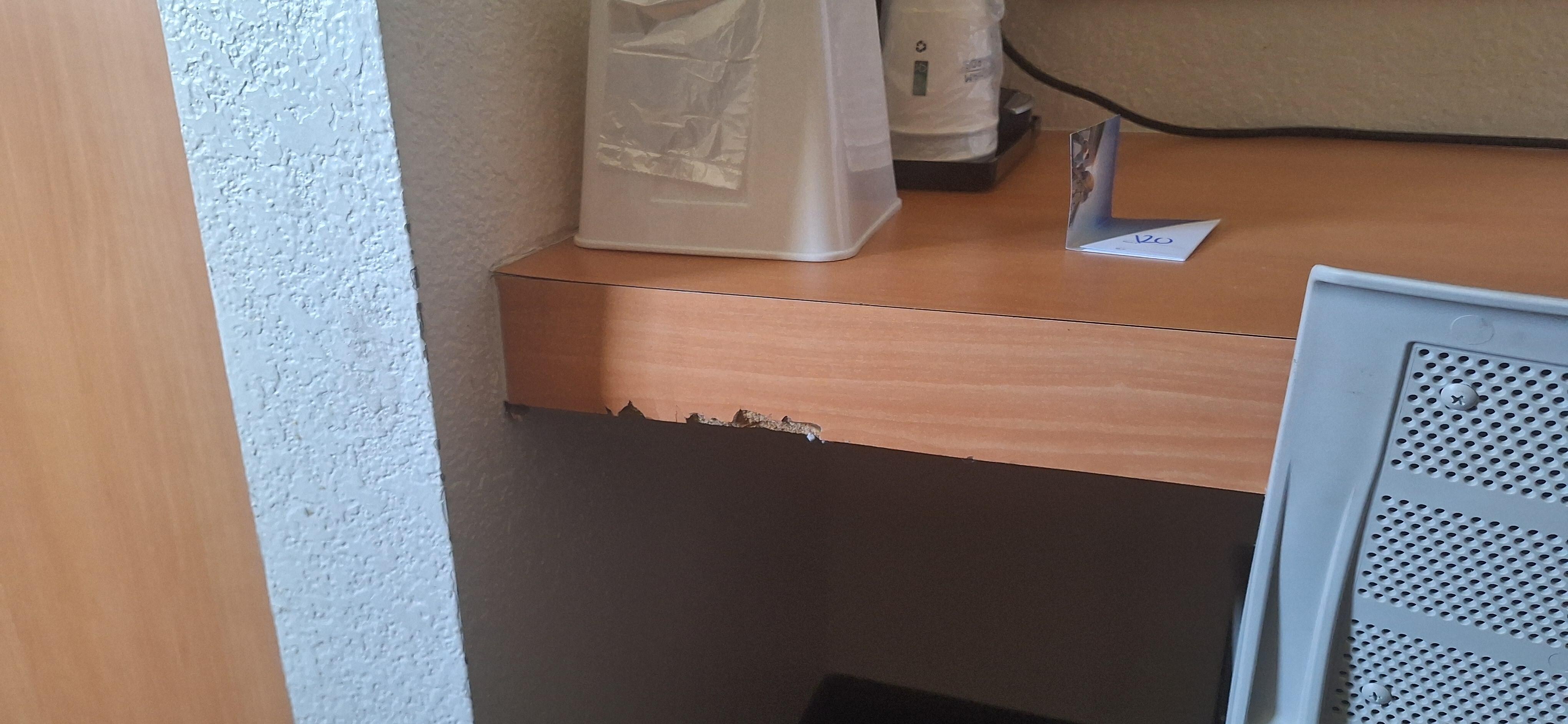 The desk table veneer on the front side looks like it was gnawed on