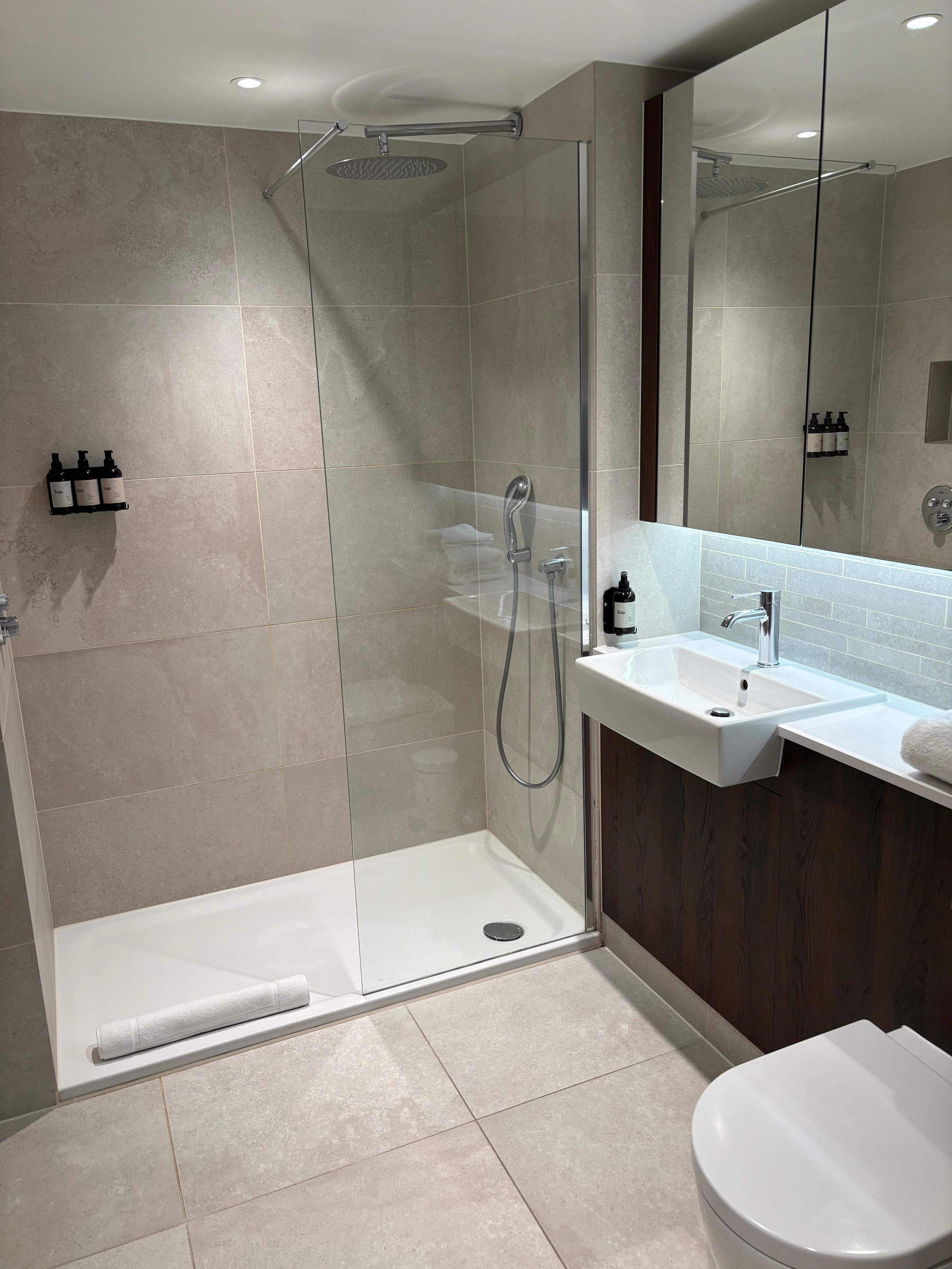 Lovely rain shower. No grab bar for older/disabled guests