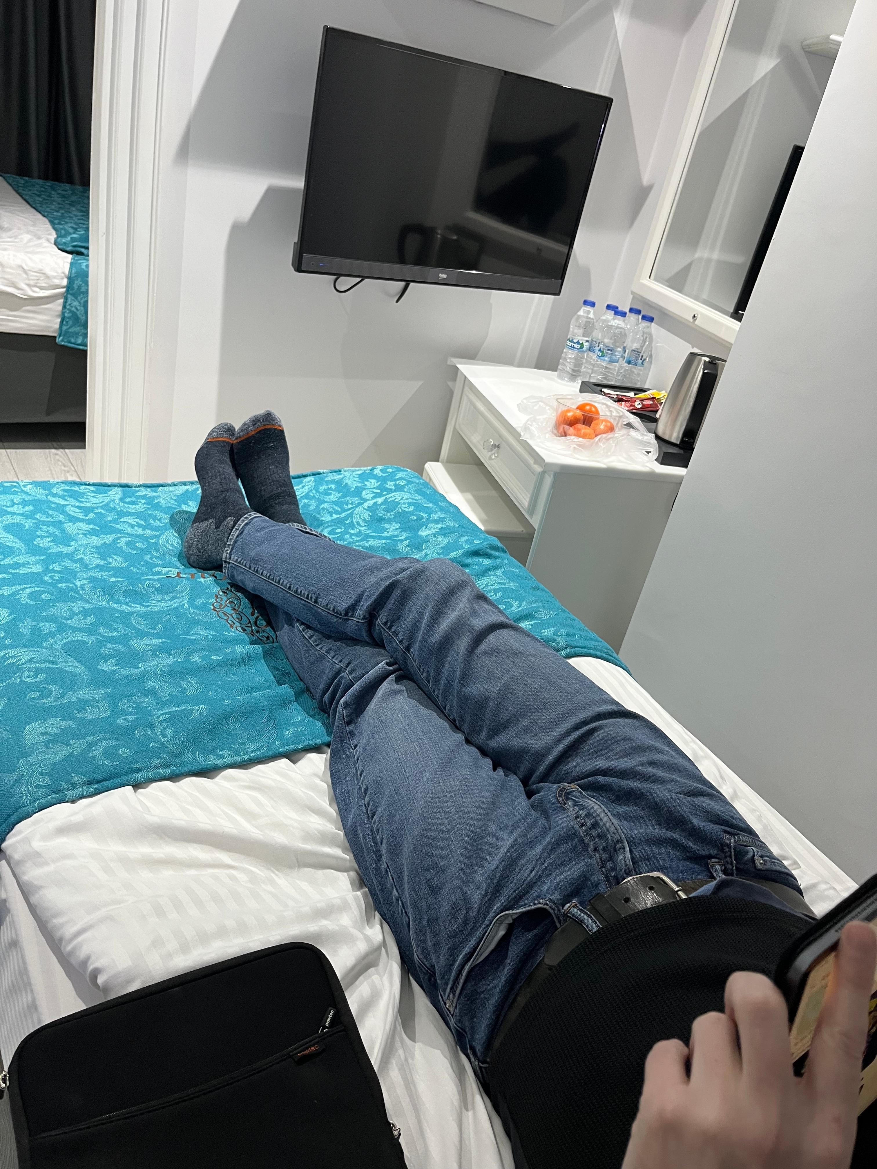 No sofa and very close to the TV.