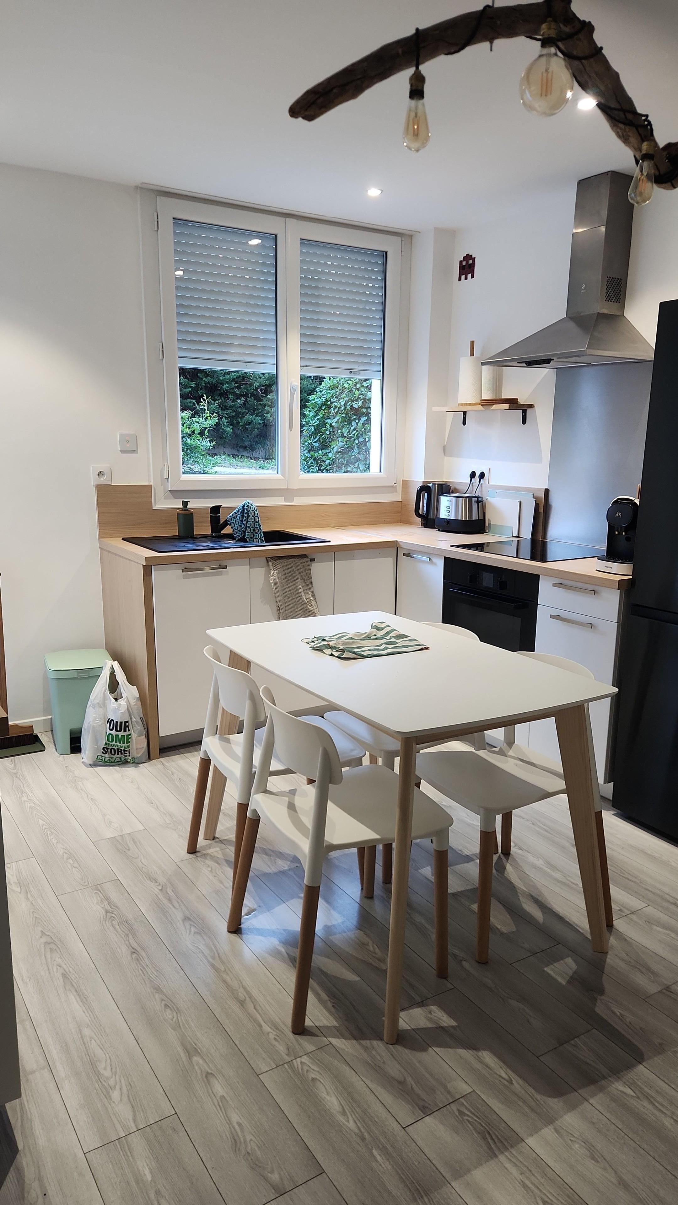 Kitchen-Oven, stove, dishwasher, refrigerator, and cooking and serving dishes/utensils. (no microwave)