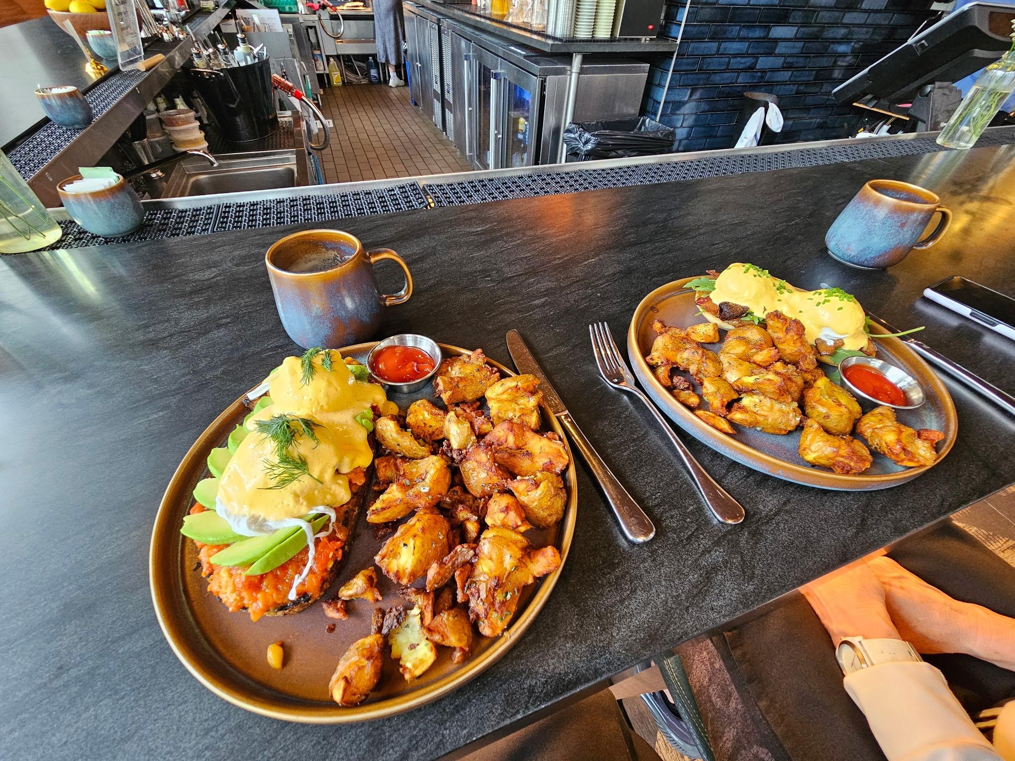Eggs Benedict, potatoes and Pistachio Lattes!