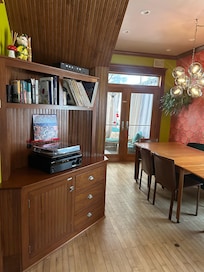 Dining room with record player.