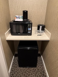 Mini fridge, microwave, and coffee maker