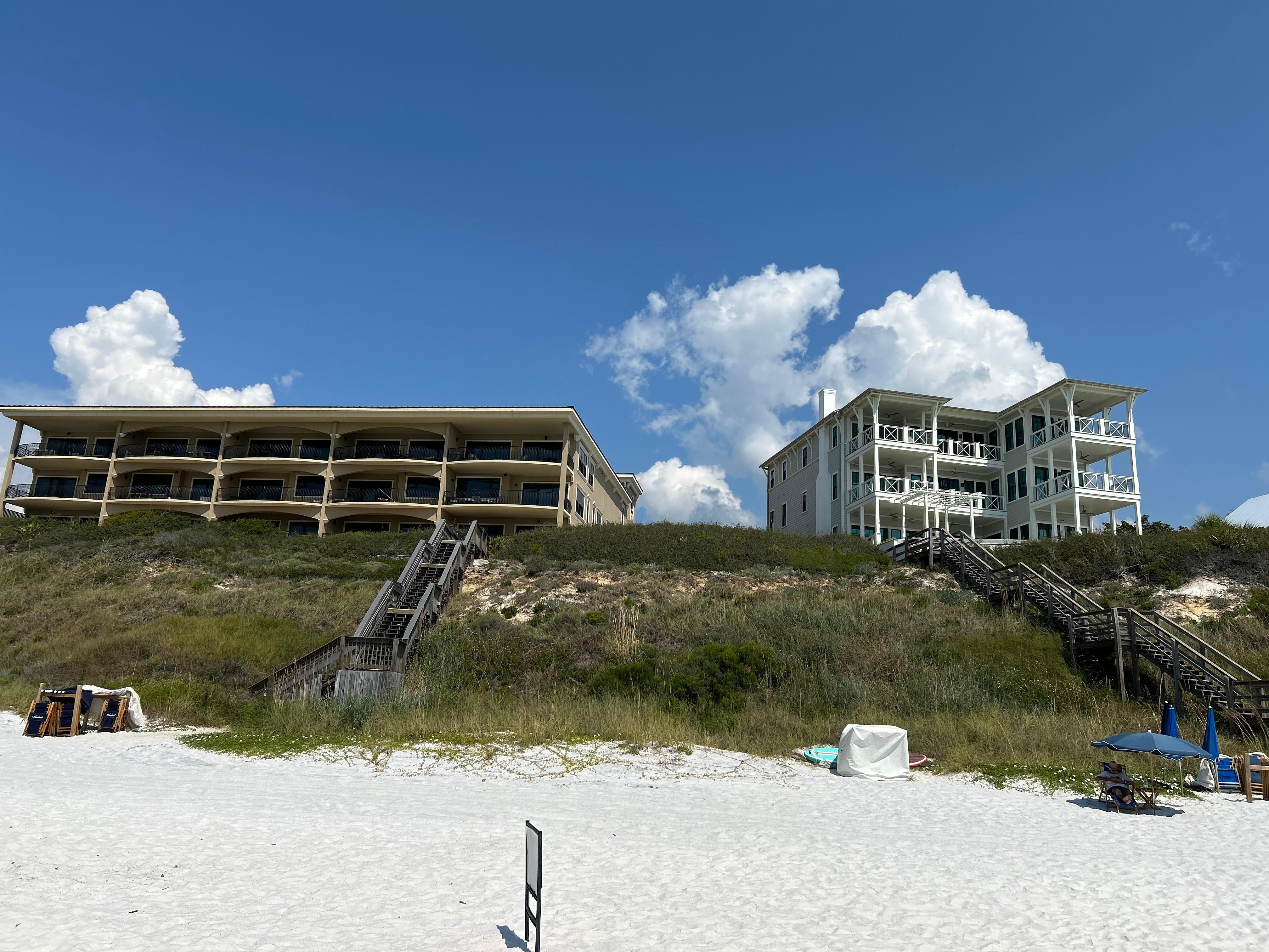 View from beach where we found umbrella/chair rentals (east of the walkway to the beach)